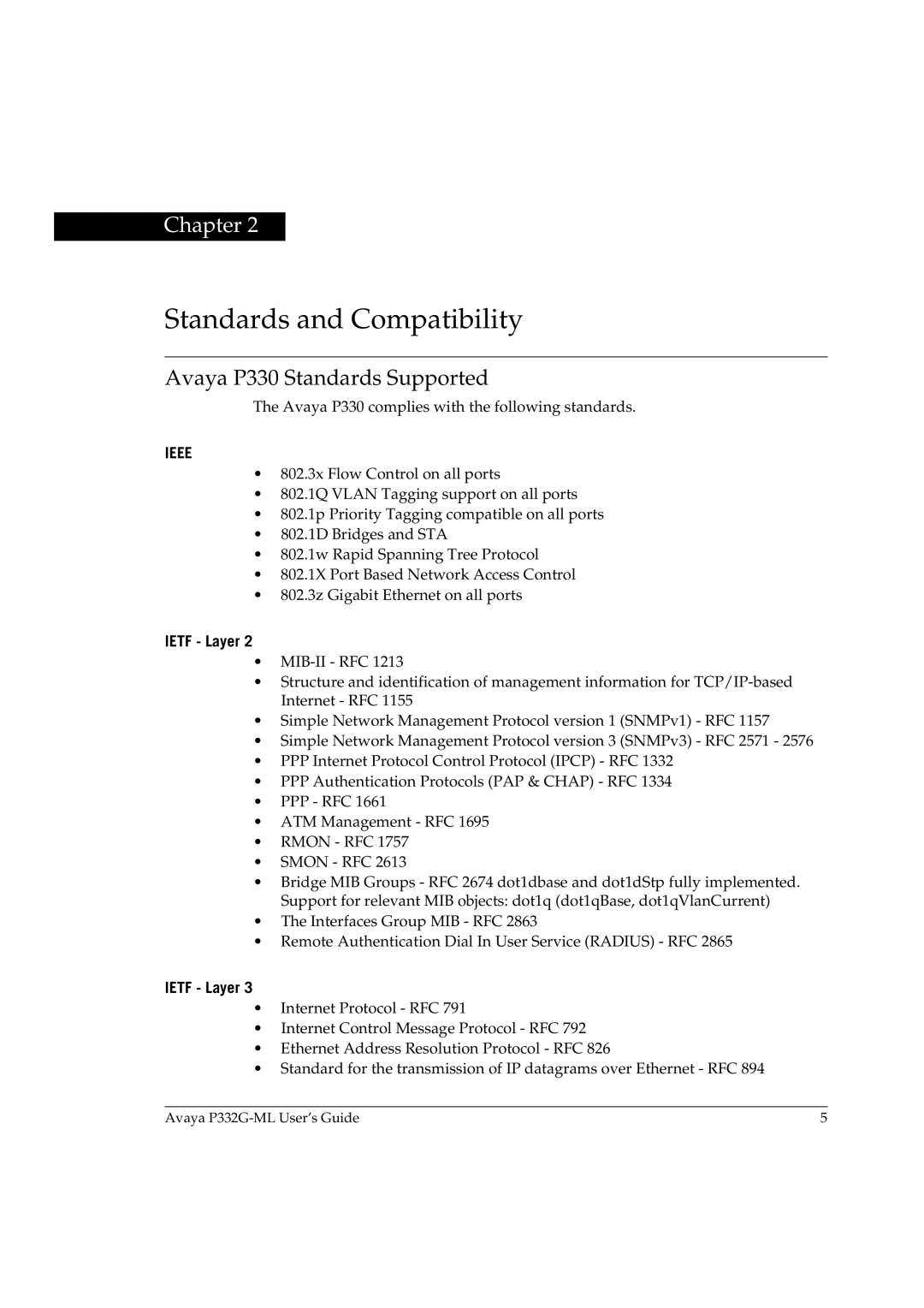 Avaya P332G-ML manual Standards and Compatibility, Avaya P330 Standards Supported, Ietf Layer 