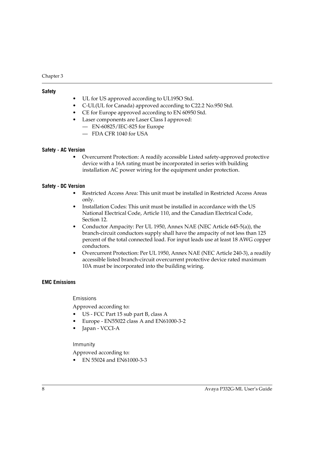 Avaya P332G-ML manual Safety AC Version, Safety DC Version, EMC Emissions 