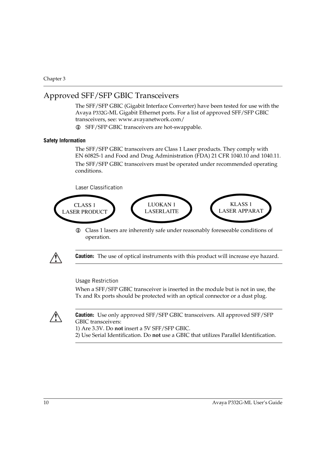 Avaya P332G-ML manual Approved SFF/SFP Gbic Transceivers, Safety Information, Laser Classification, Usage Restriction 