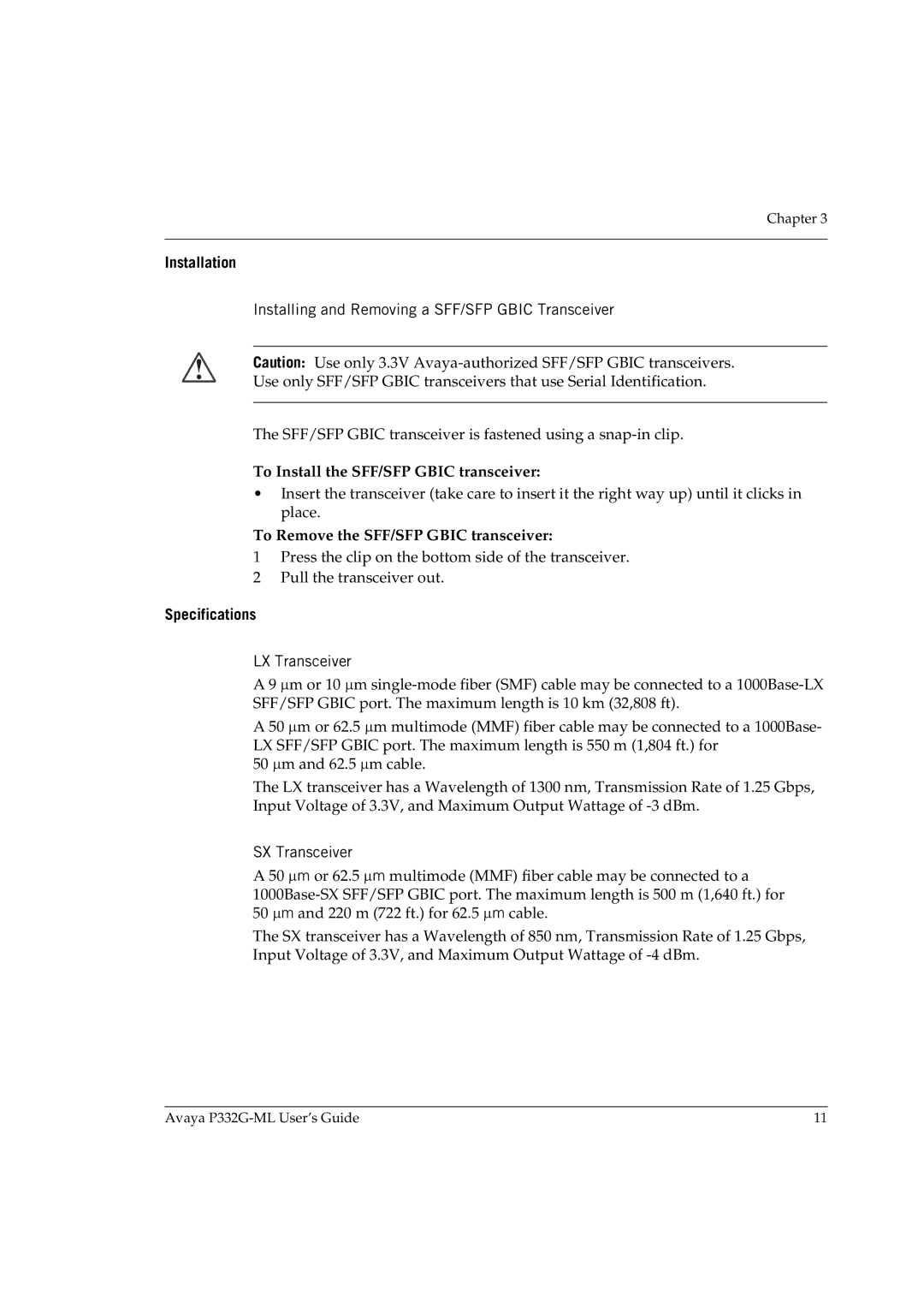 Avaya P332G-ML manual Installation, Installing and Removing a SFF/SFP Gbic Transceiver, Specifications, LX Transceiver 