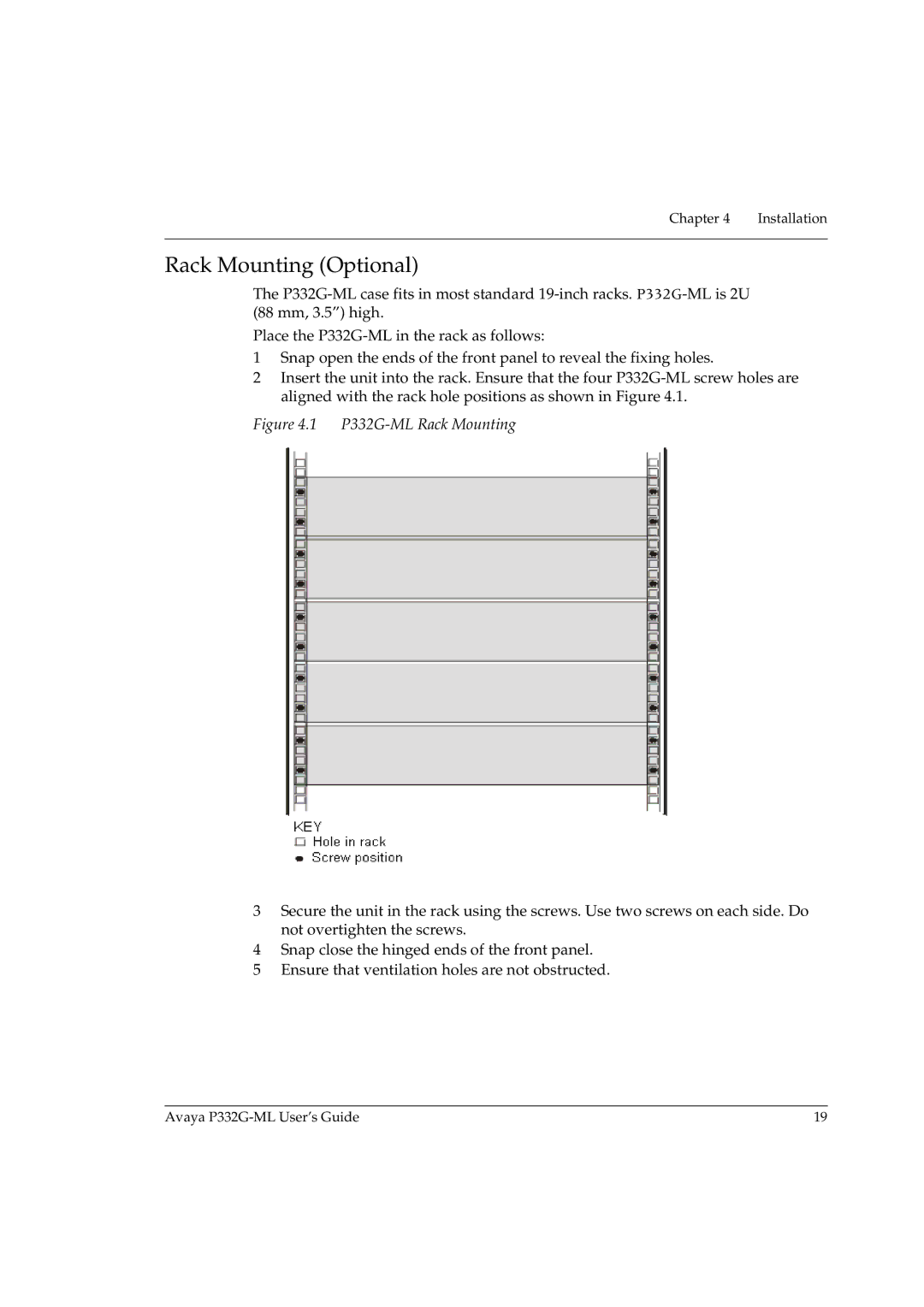 Avaya manual Rack Mounting Optional, P332G-ML Rack Mounting 