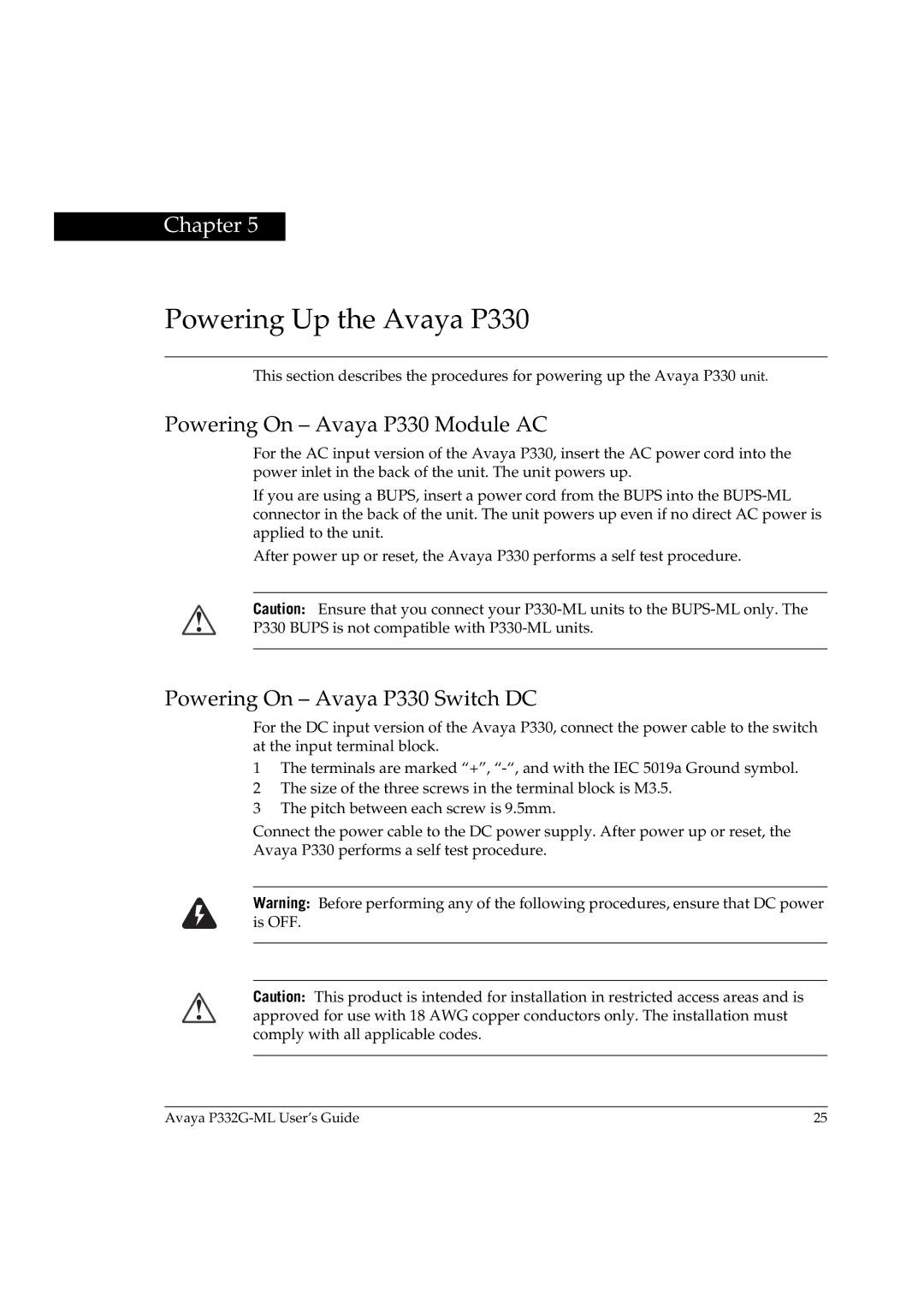 Avaya P332G-ML manual Powering Up the Avaya P330, Powering On Avaya P330 Module AC, Powering On Avaya P330 Switch DC 