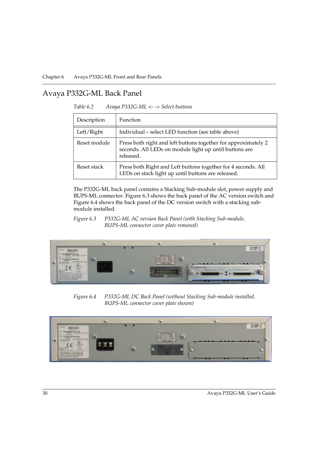 Avaya manual Avaya P332G-ML Back Panel, Avaya P332G-ML - Select buttons 