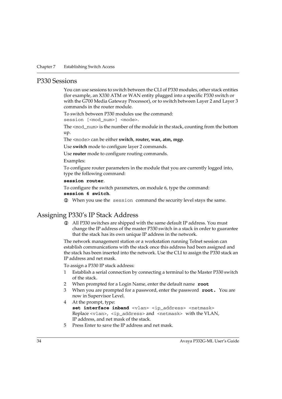 Avaya P332G-ML manual P330 Sessions, Assigning P330’s IP Stack Address 