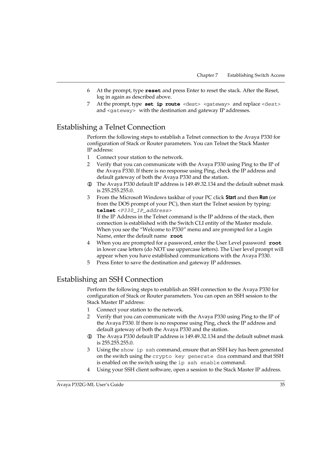 Avaya P332G-ML manual Establishing a Telnet Connection, Establishing an SSH Connection 