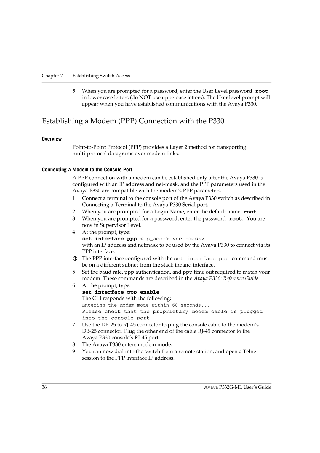 Avaya P332G-ML manual Establishing a Modem PPP Connection with the P330, Overview, Connecting a Modem to the Console Port 