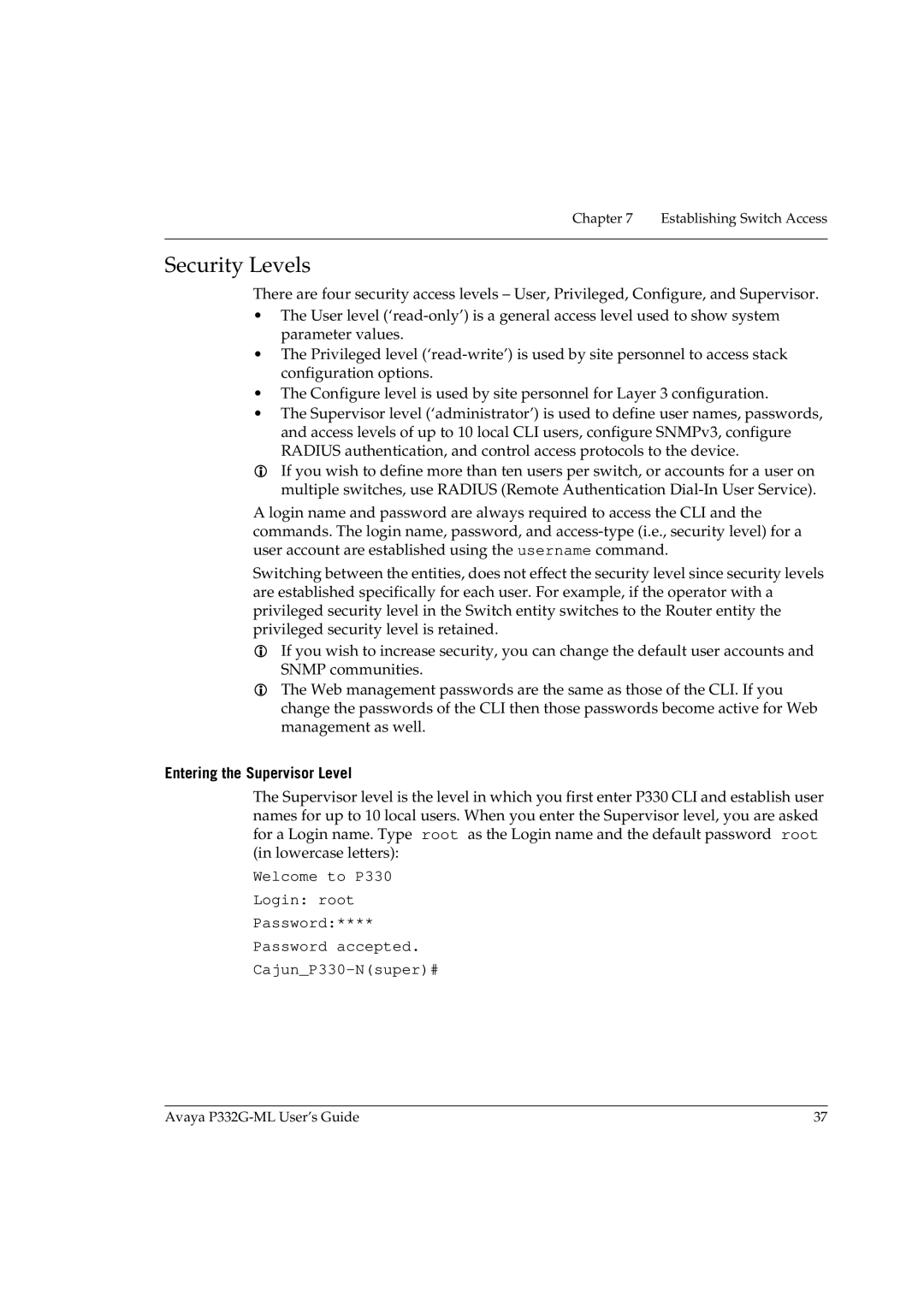 Avaya P332G-ML manual Security Levels, Entering the Supervisor Level 