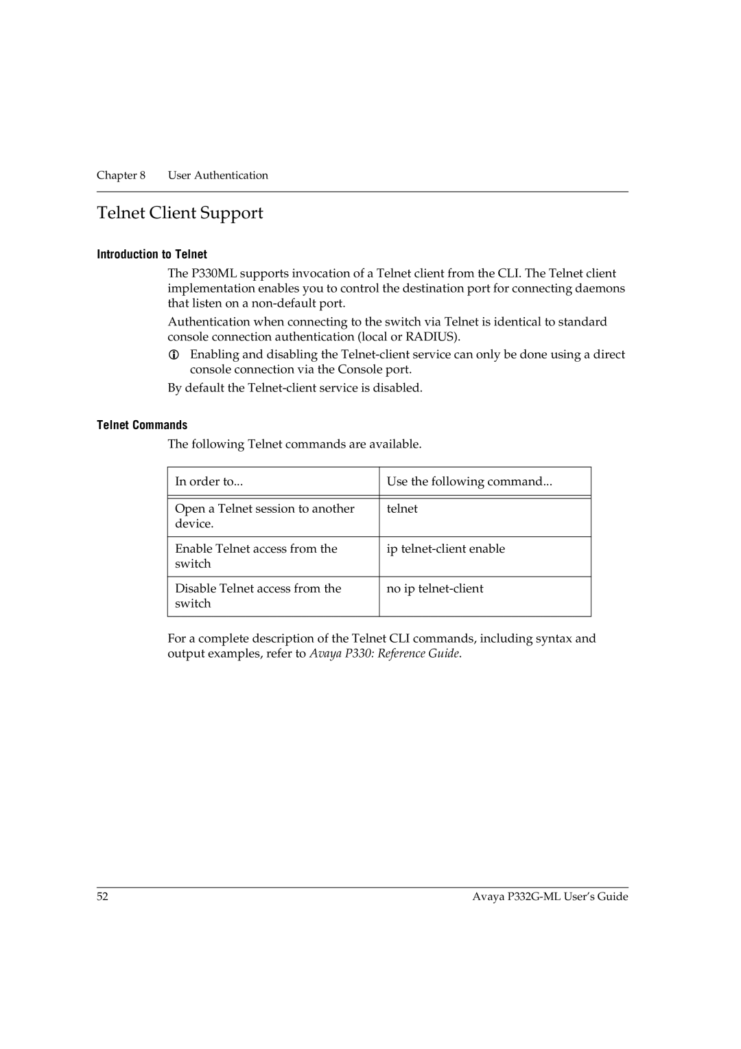 Avaya P332G-ML manual Telnet Client Support, Introduction to Telnet, Telnet Commands 