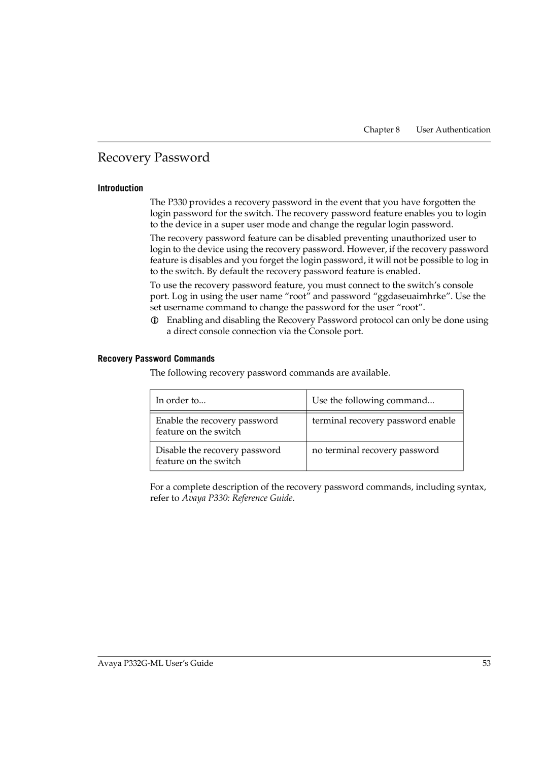 Avaya P332G-ML manual Introduction, Recovery Password Commands 