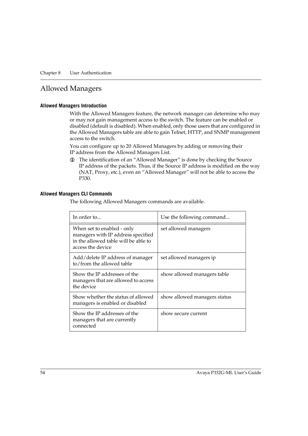 Avaya P332G-ML manual Allowed Managers Introduction, Allowed Managers CLI Commands 