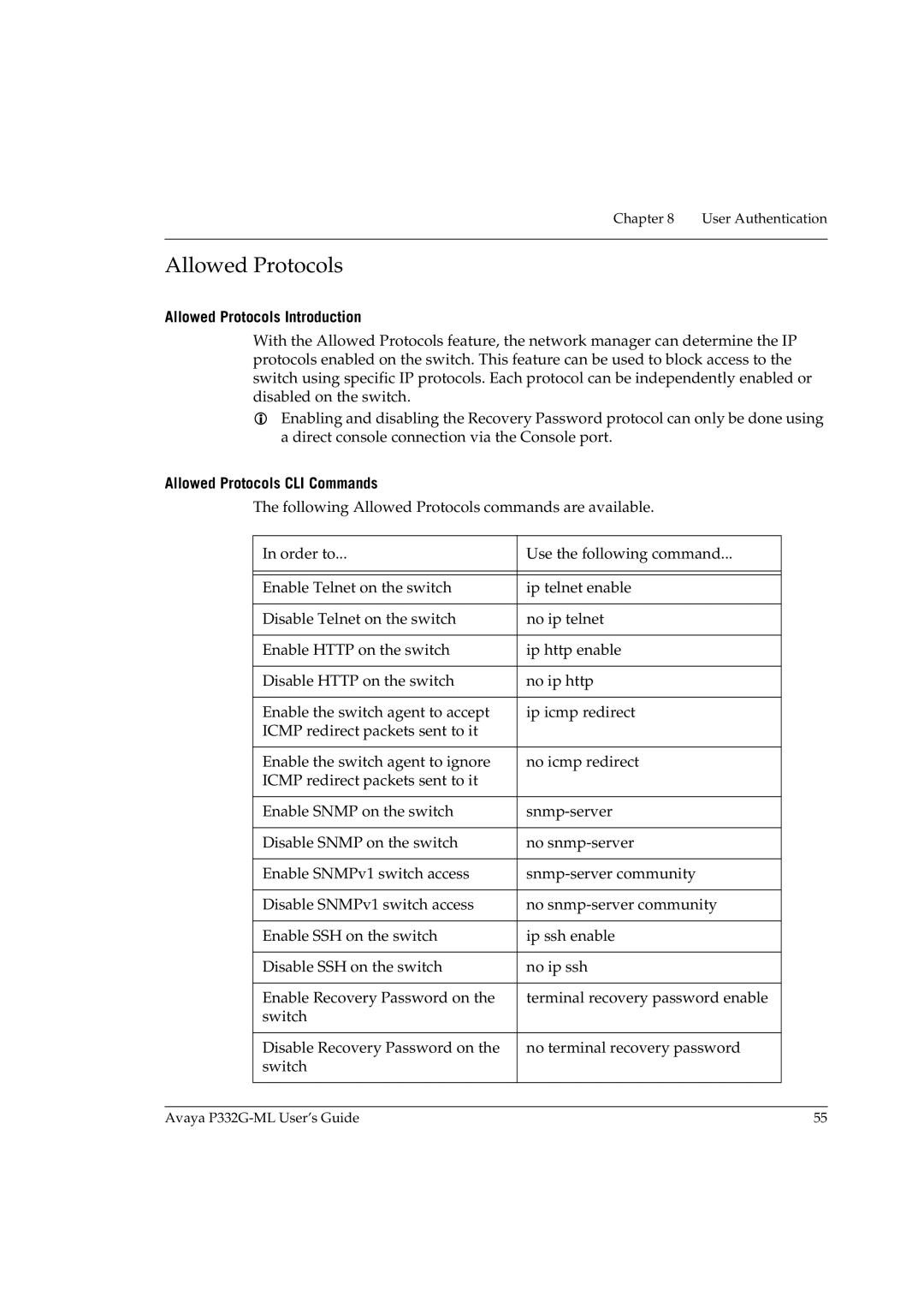 Avaya P332G-ML manual Allowed Protocols Introduction, Allowed Protocols CLI Commands 