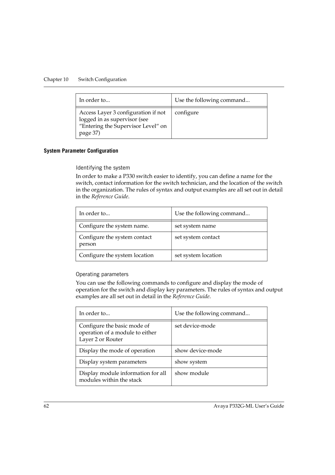 Avaya P332G-ML manual System Parameter Configuration, Identifying the system, Operating parameters 