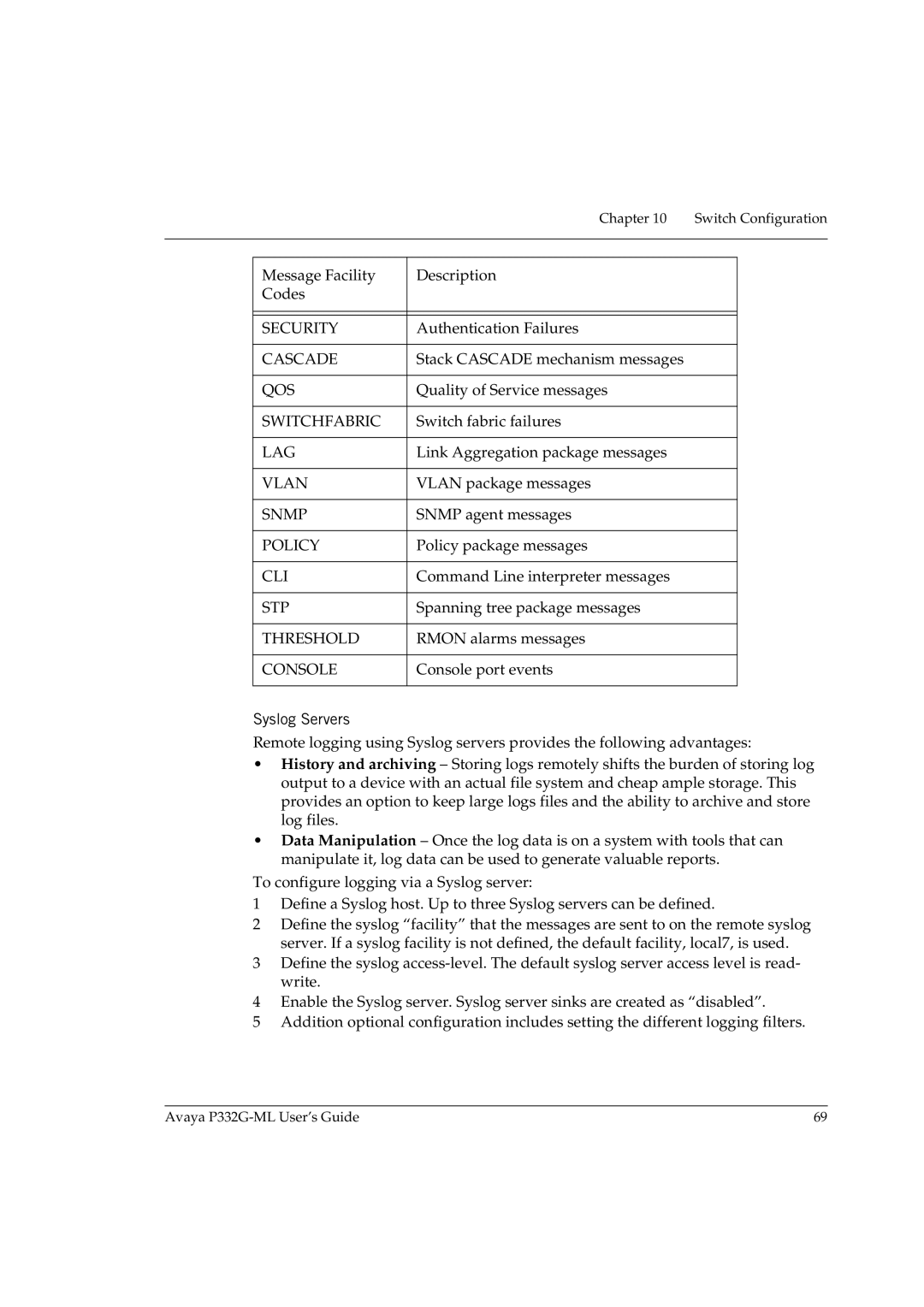 Avaya P332G-ML manual Syslog Servers 