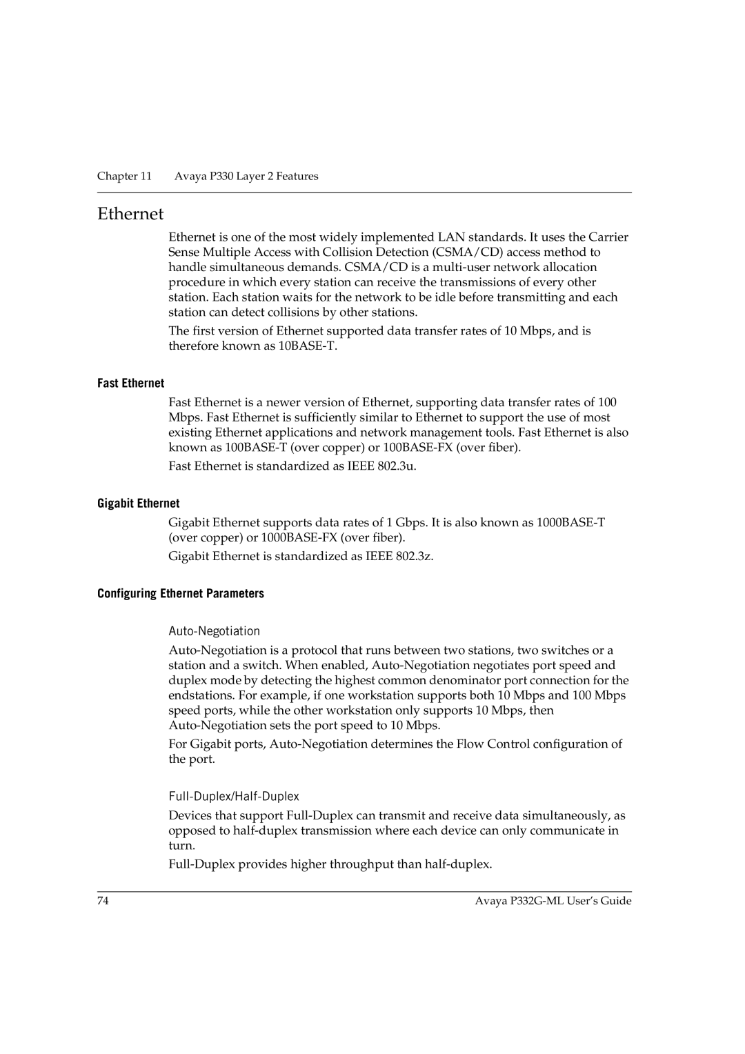 Avaya P332G-ML manual Fast Ethernet, Gigabit Ethernet, Configuring Ethernet Parameters 