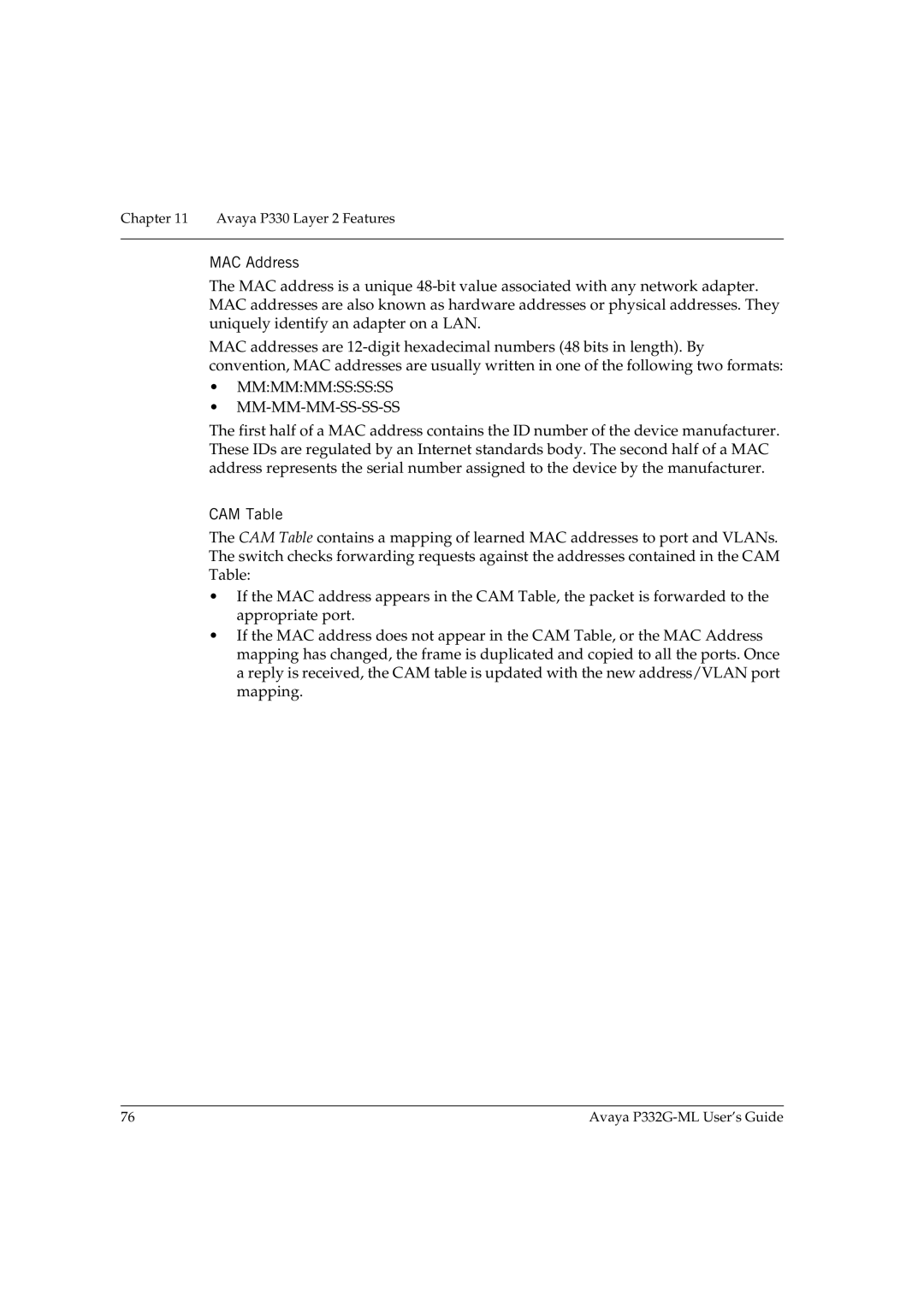 Avaya P332G-ML manual MAC Address, Mmmmmmssssss MM-MM-MM-SS-SS-SS, CAM Table 