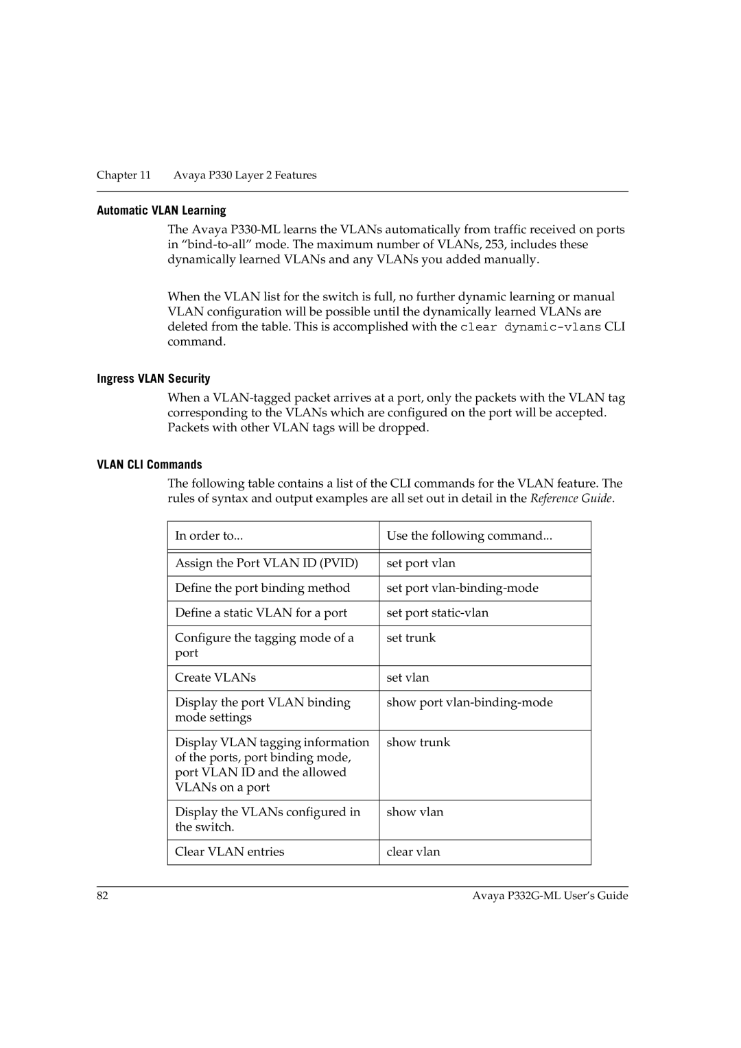 Avaya P332G-ML manual Automatic Vlan Learning, Ingress Vlan Security, Vlan CLI Commands 