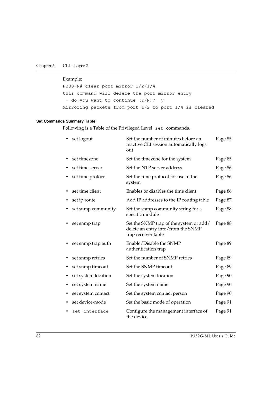 Avaya P332G-ML manual Set Commands Summary Table, Set interface, Configure the management interface Device 