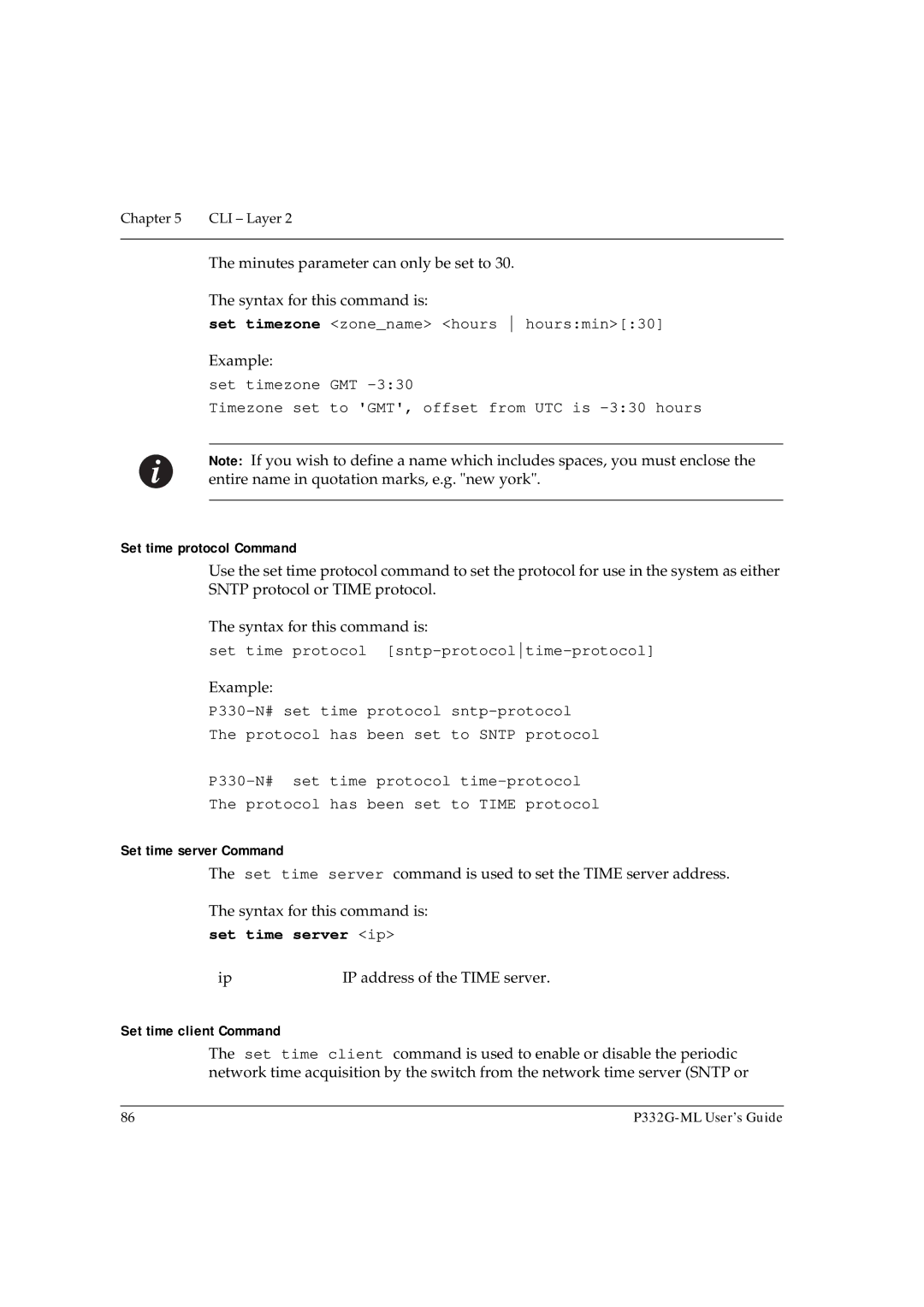 Avaya P332G-ML manual Set time protocol Command, Set time server Command, Set time server ip, Set time client Command 