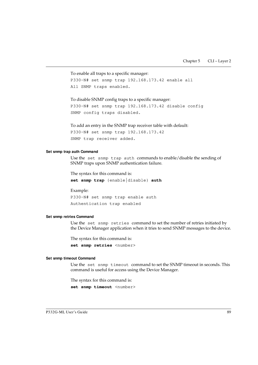 Avaya P332G-ML manual Set snmp trap enabledisable auth, Set snmp retries number, Set snmp timeout number 