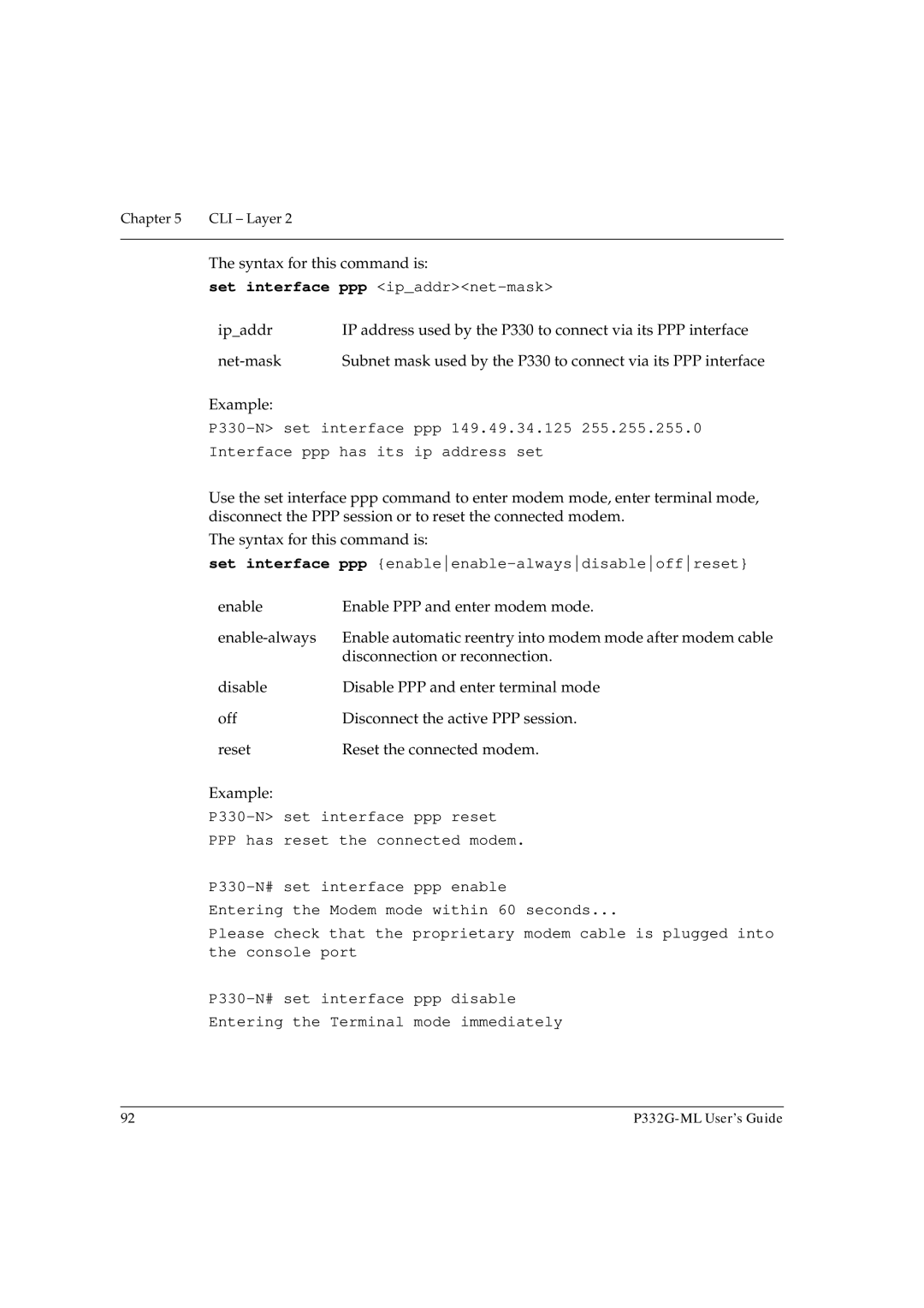 Avaya P332G-ML manual Set interface ppp ipaddrnet-mask, Set interface ppp enableenable-alwaysdisableoffreset 