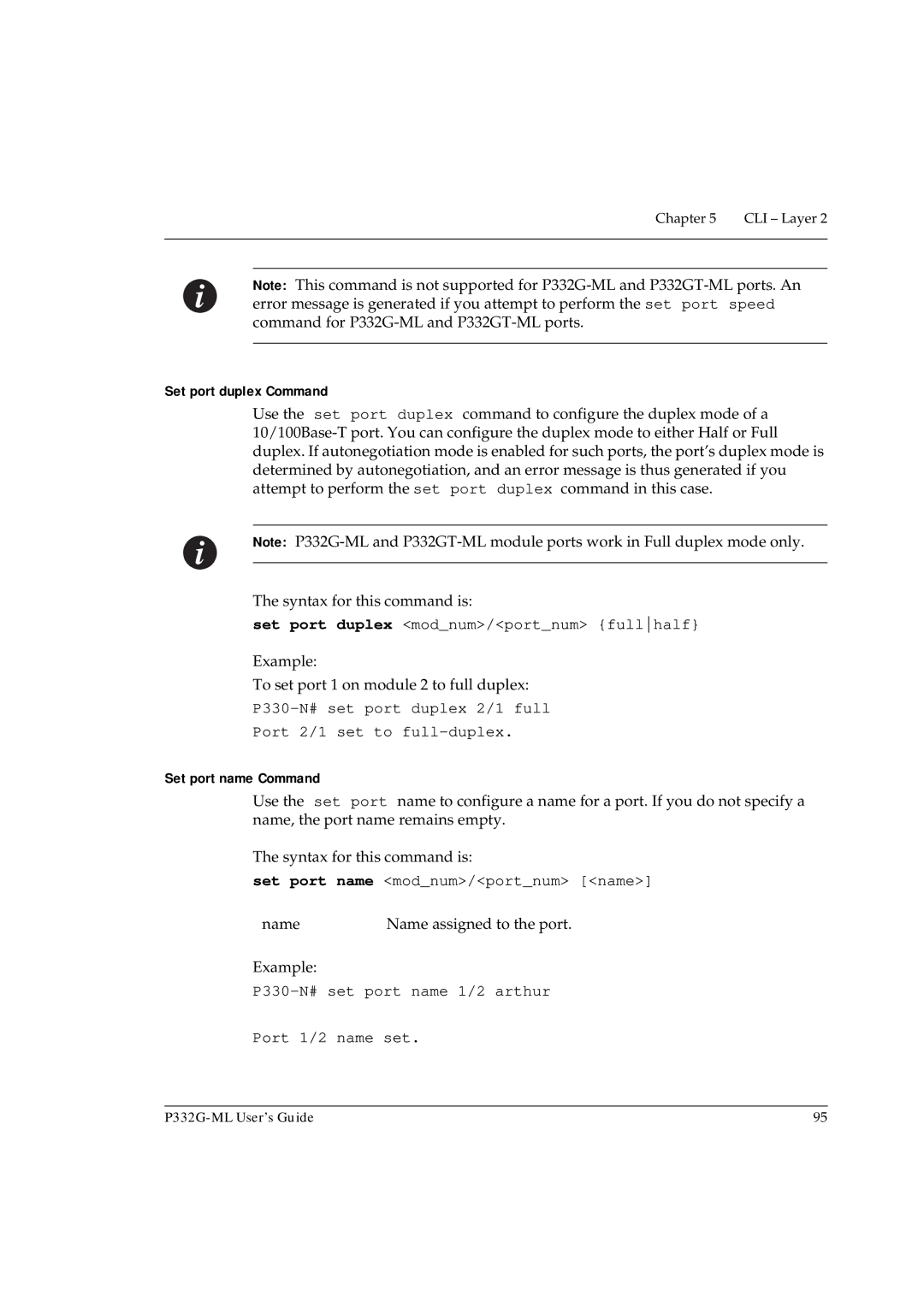 Avaya P332G-ML manual Set port duplex Command, Set port duplex modnum/portnum fullhalf, Set port name Command 