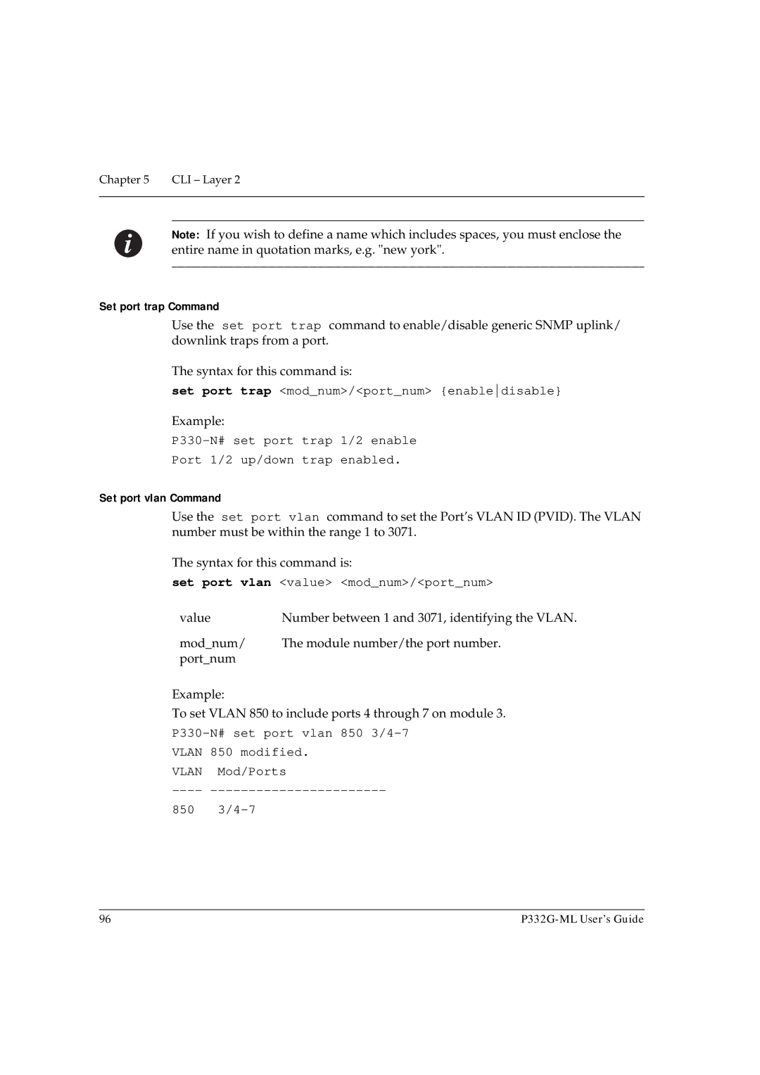 Avaya P332G-ML manual Set port trap Command, Set port trap modnum/portnum enabledisable, Set port vlan Command 