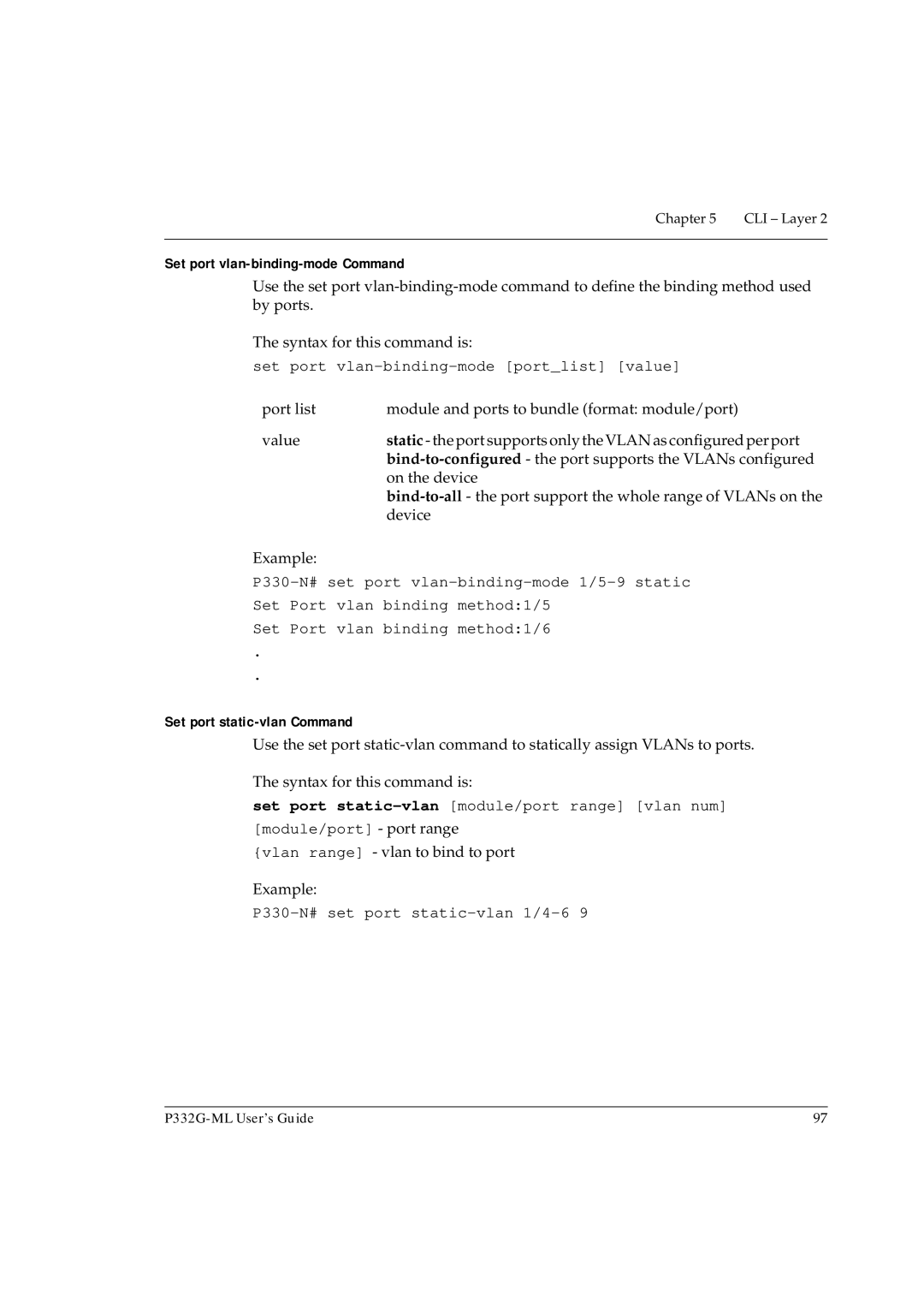 Avaya P332G-ML Set port vlan-binding-mode Command, Set port vlan-binding-mode portlist value, Set port static-vlan Command 