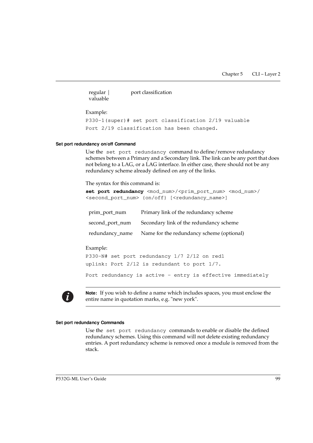 Avaya P332G-ML manual Regular Port classification Valuable Example, Set port redundancy on/off Command 