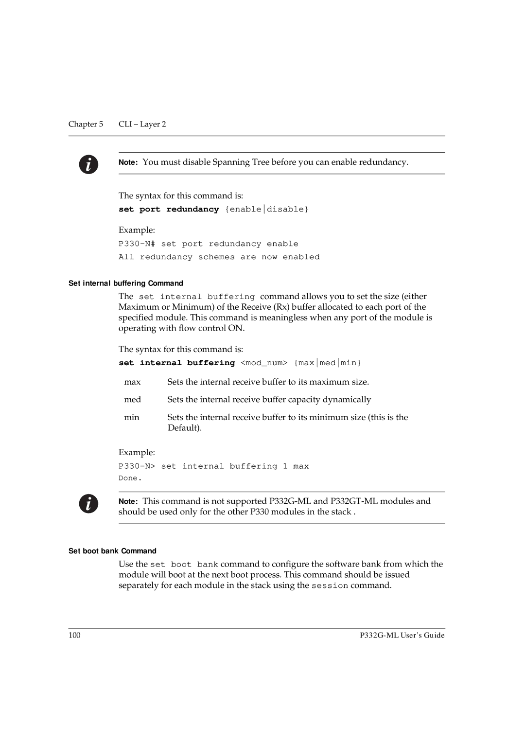 Avaya P332G-ML Set port redundancy enabledisable, Set internal buffering Command, Set internal buffering modnum maxmedmin 