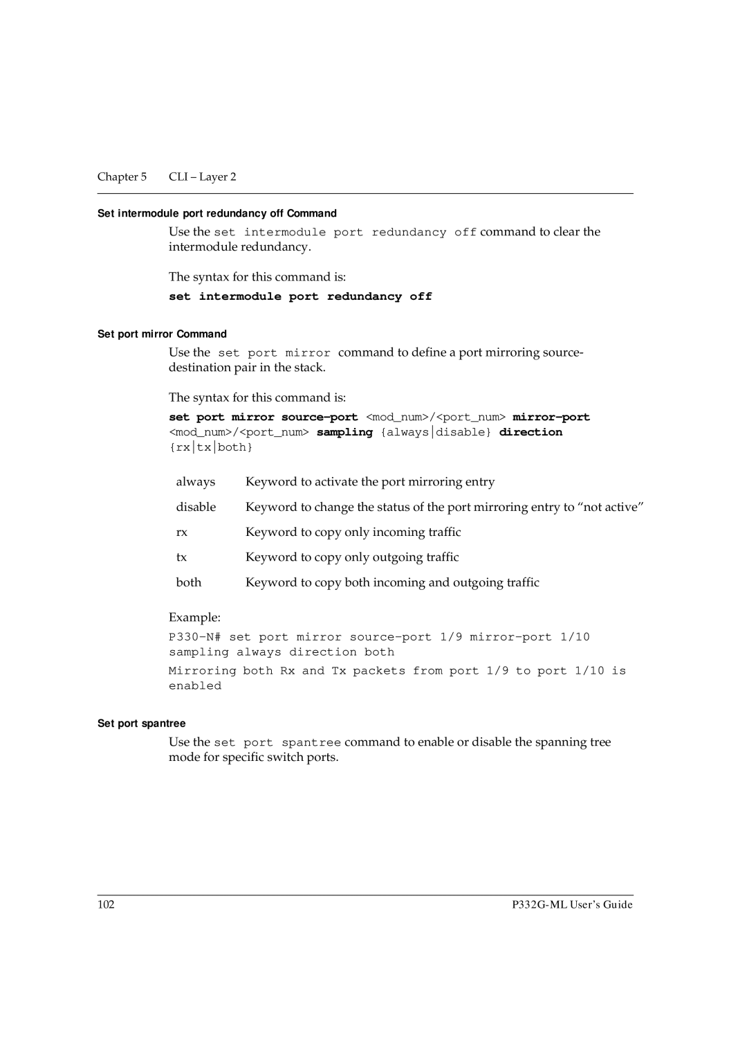 Avaya P332G-ML manual Set intermodule port redundancy off Command, Set port mirror Command, Set port spantree 