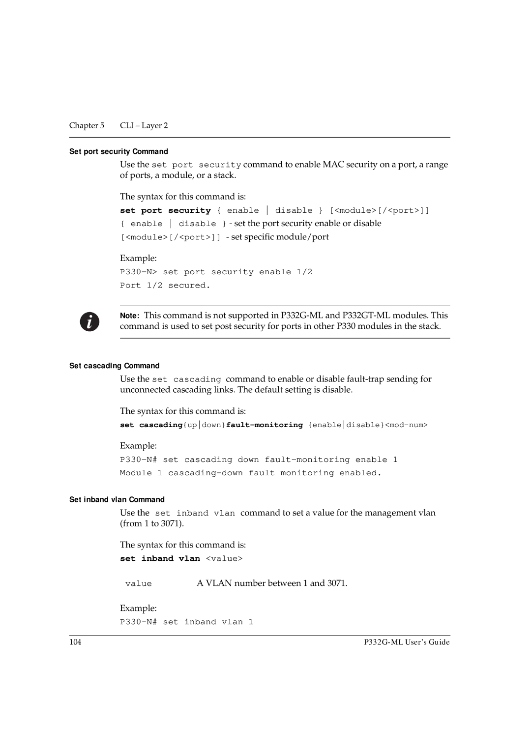 Avaya P332G-ML manual Set port security Command, Set cascading Command, Set inband vlan Command, Set inband vlan value 