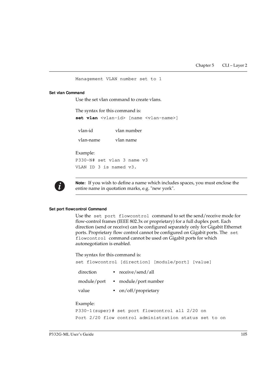 Avaya P332G-ML manual Set vlan Command, Set port flowcontrol Command 