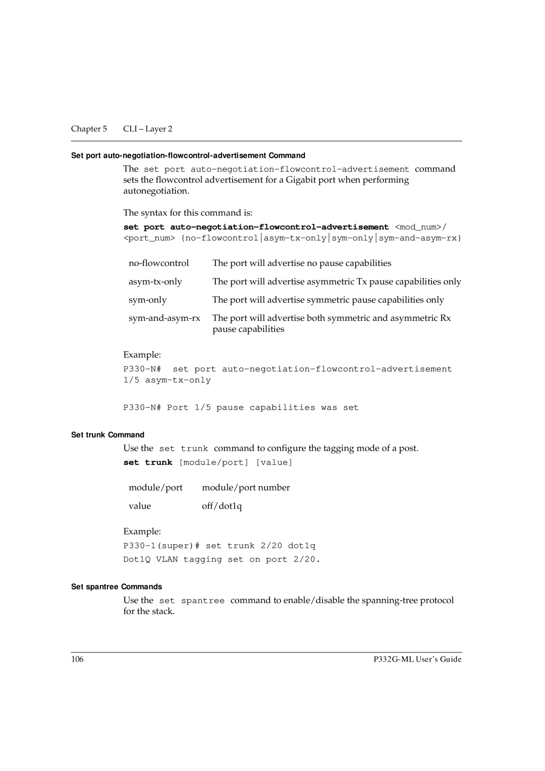 Avaya P332G-ML manual Set port auto-negotiation-flowcontrol-advertisement Command, Set trunk Command, Set spantree Commands 
