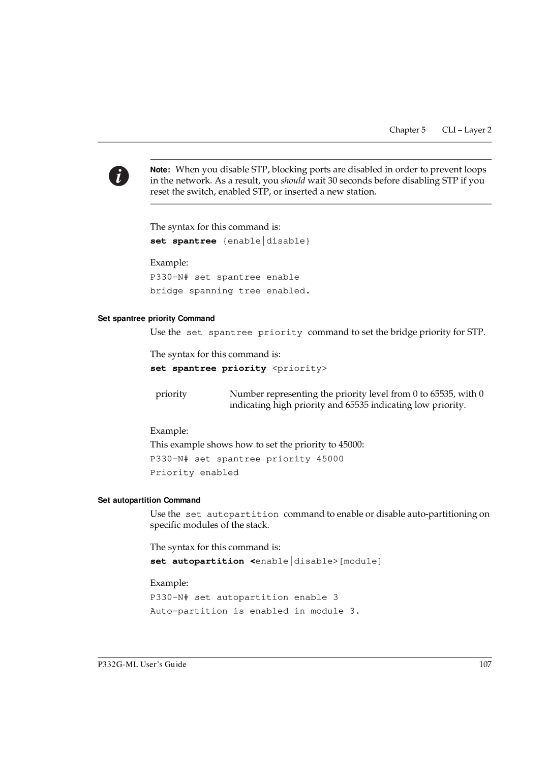 Avaya P332G-ML manual Set spantree priority Command, Set spantree priority priority, Set autopartition Command 