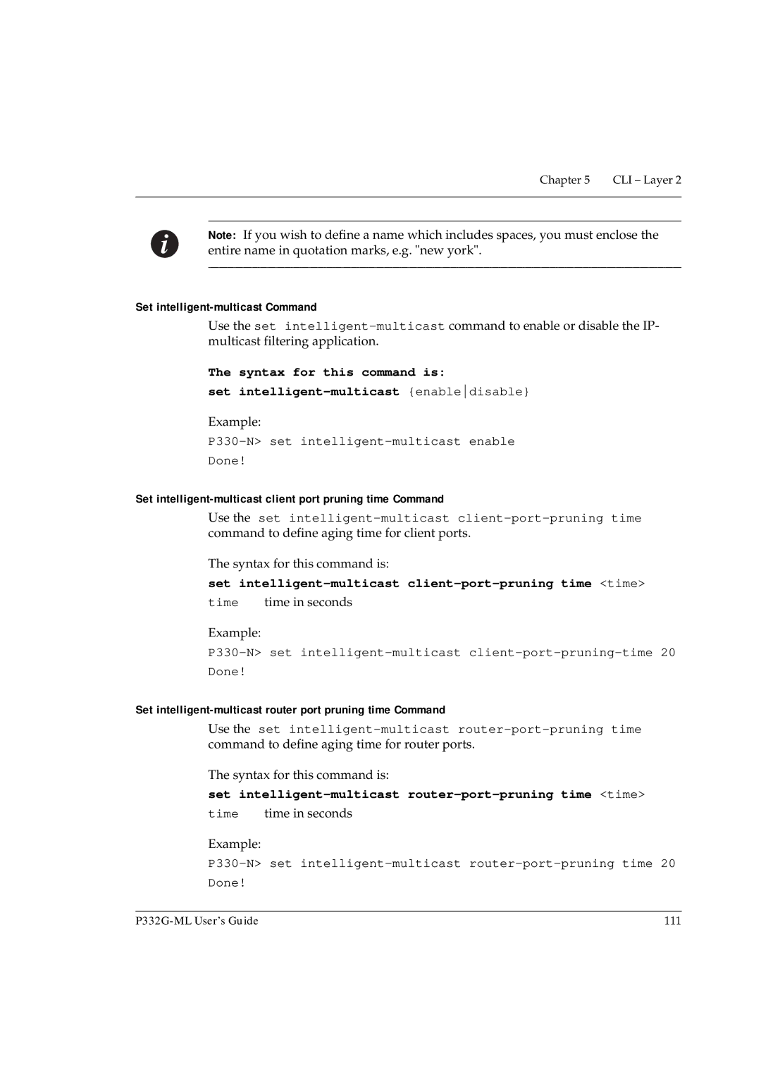 Avaya P332G-ML manual Set intelligent-multicast Command, Set intelligent-multicast client port pruning time Command 