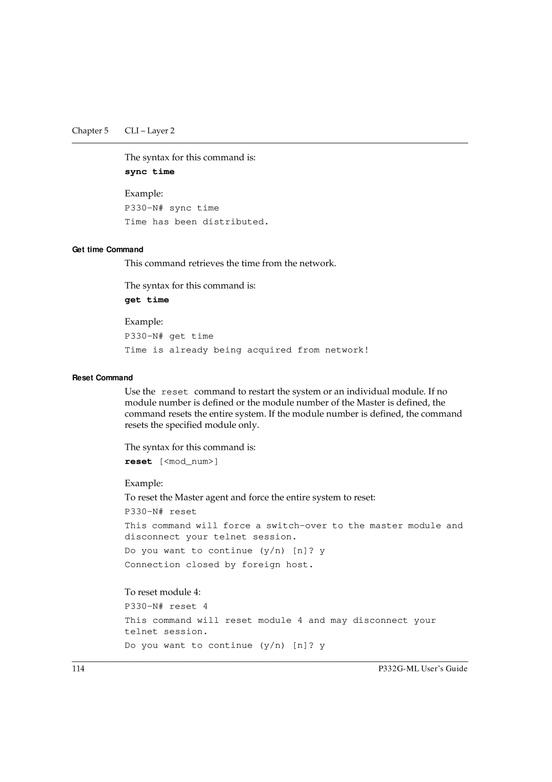 Avaya P332G-ML manual Sync time, Get time Command, Reset Command 