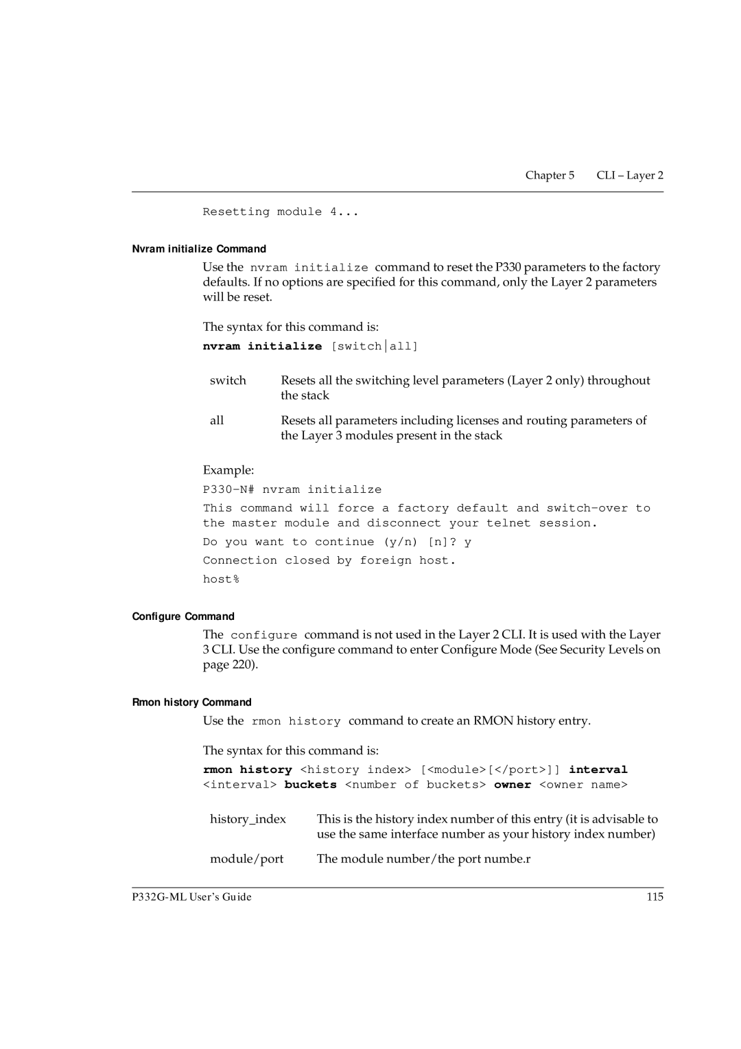 Avaya P332G-ML manual Resetting module, Nvram initialize Command, Nvram initialize switchall, Configure Command 