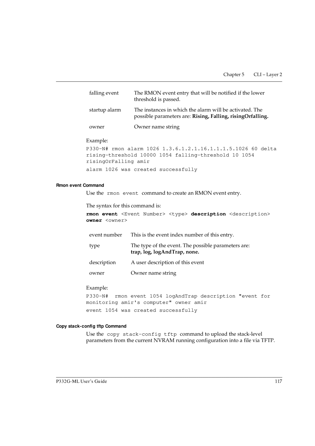 Avaya P332G-ML manual Owner Owner name string Example, Rmon event Command, Copy stack-config tftp Command 