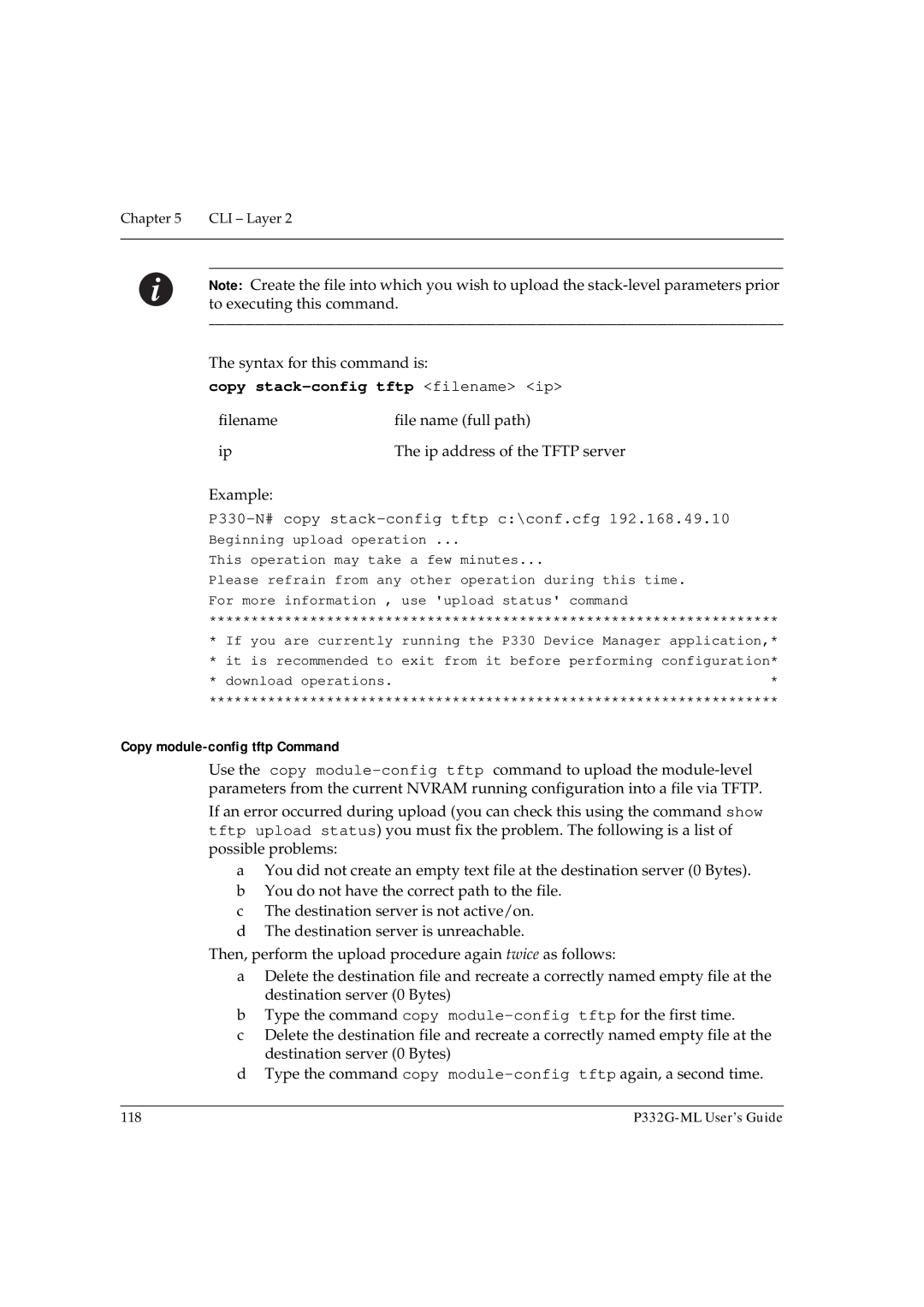 Avaya P332G-ML manual Copy stack-config tftp filename ip, P330-N# copy stack-config tftp c\conf.cfg 