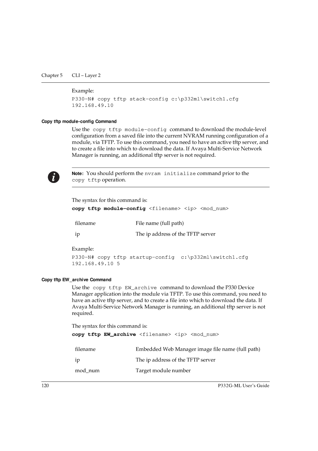 Avaya P332G-ML manual P330-N# copy tftp stack-config c\p332ml\switch1.cfg, Copy tftp module-config Command 