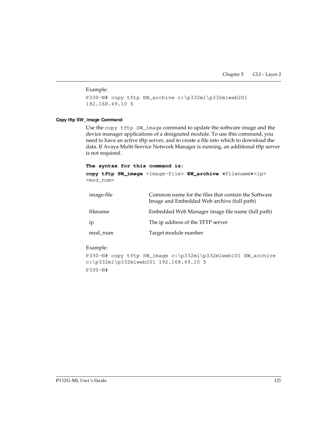 Avaya P332G-ML manual Copy tftp SWimage Command, Modnum 