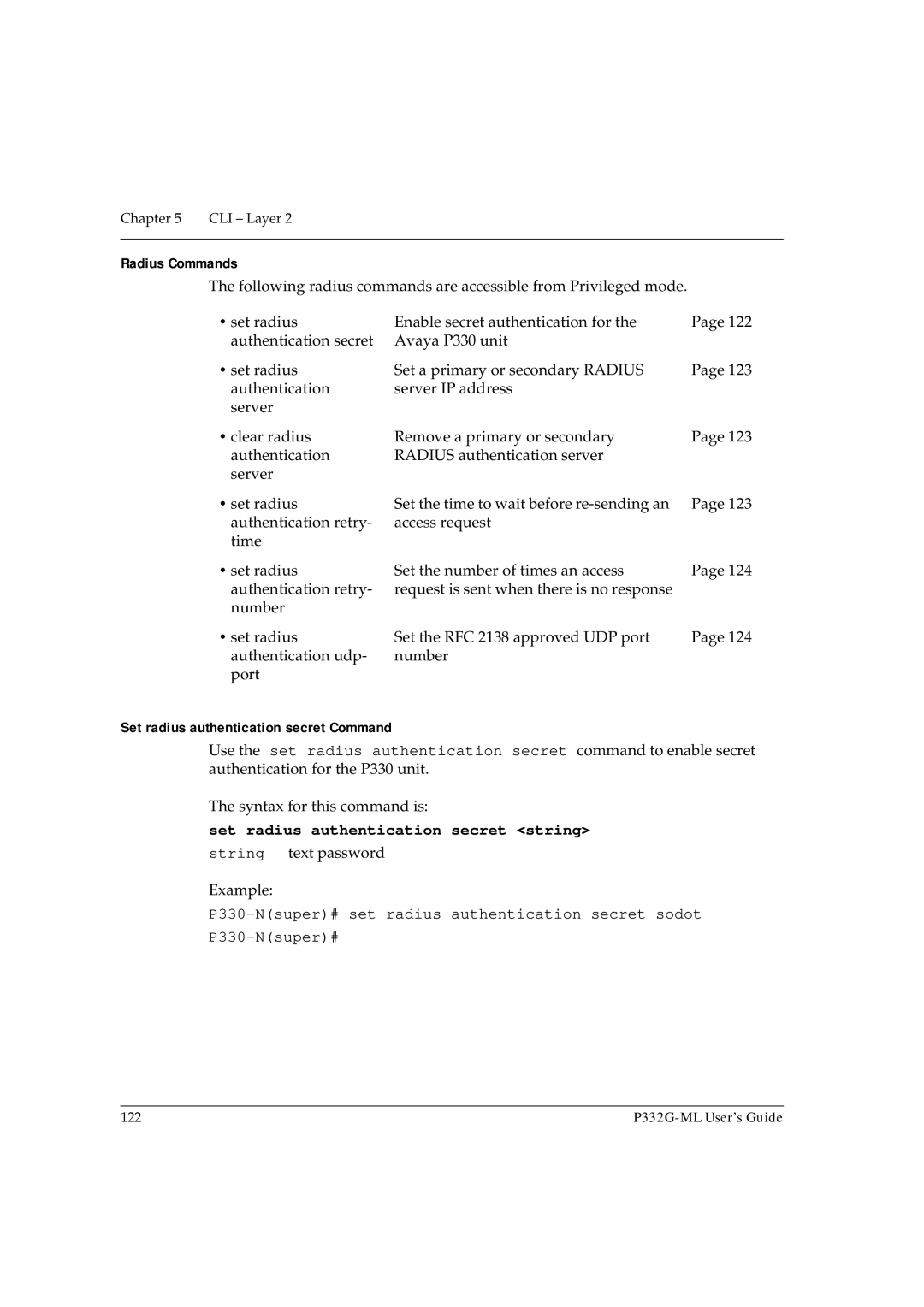 Avaya P332G-ML manual Radius Commands, Set radius authentication secret Command, Set radius authentication secret string 