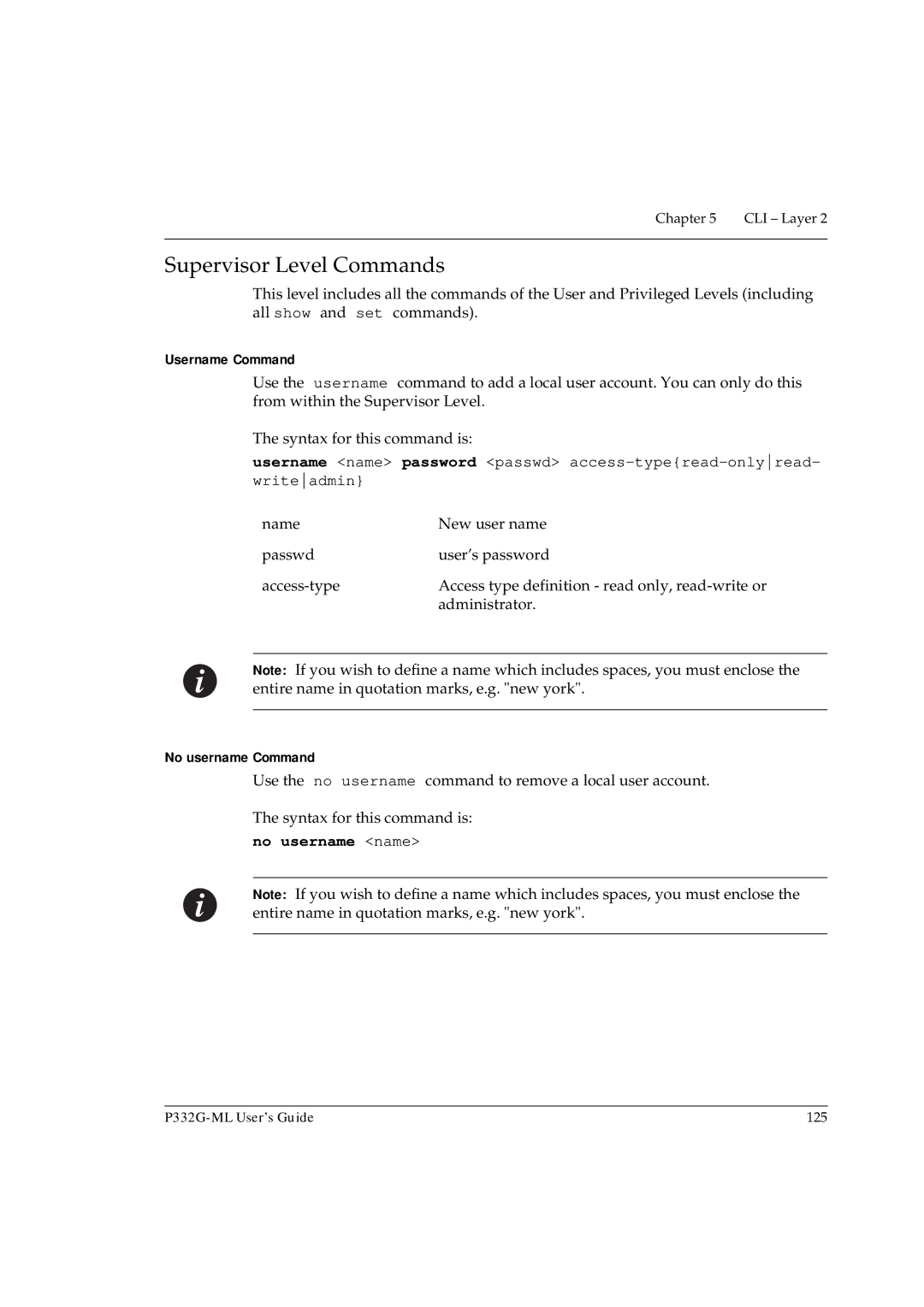 Avaya P332G-ML manual Supervisor Level Commands, Username Command, No username Command, No username name 