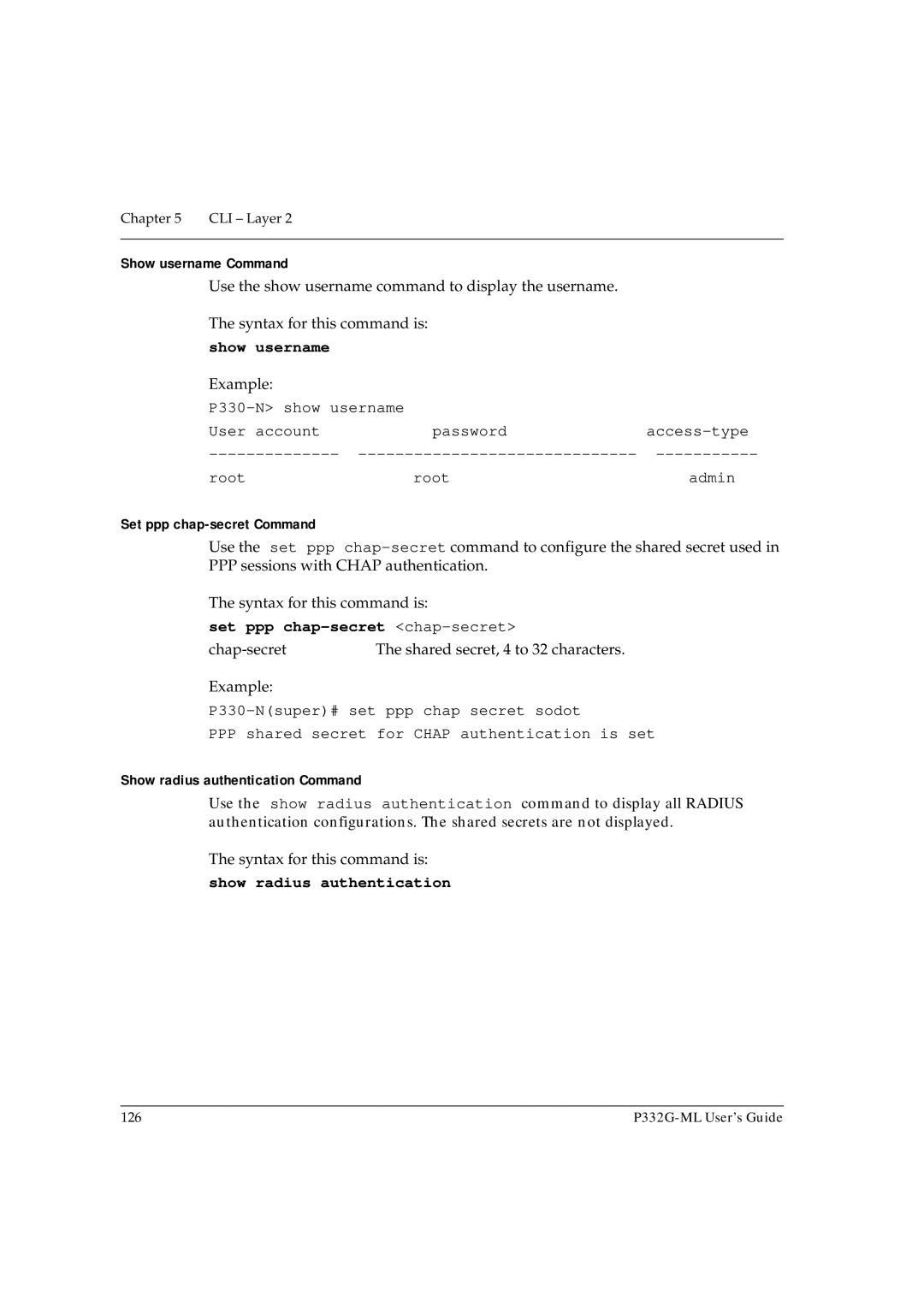 Avaya P332G-ML manual Show username, Set ppp chap-secret chap-secret, Show radius authentication 