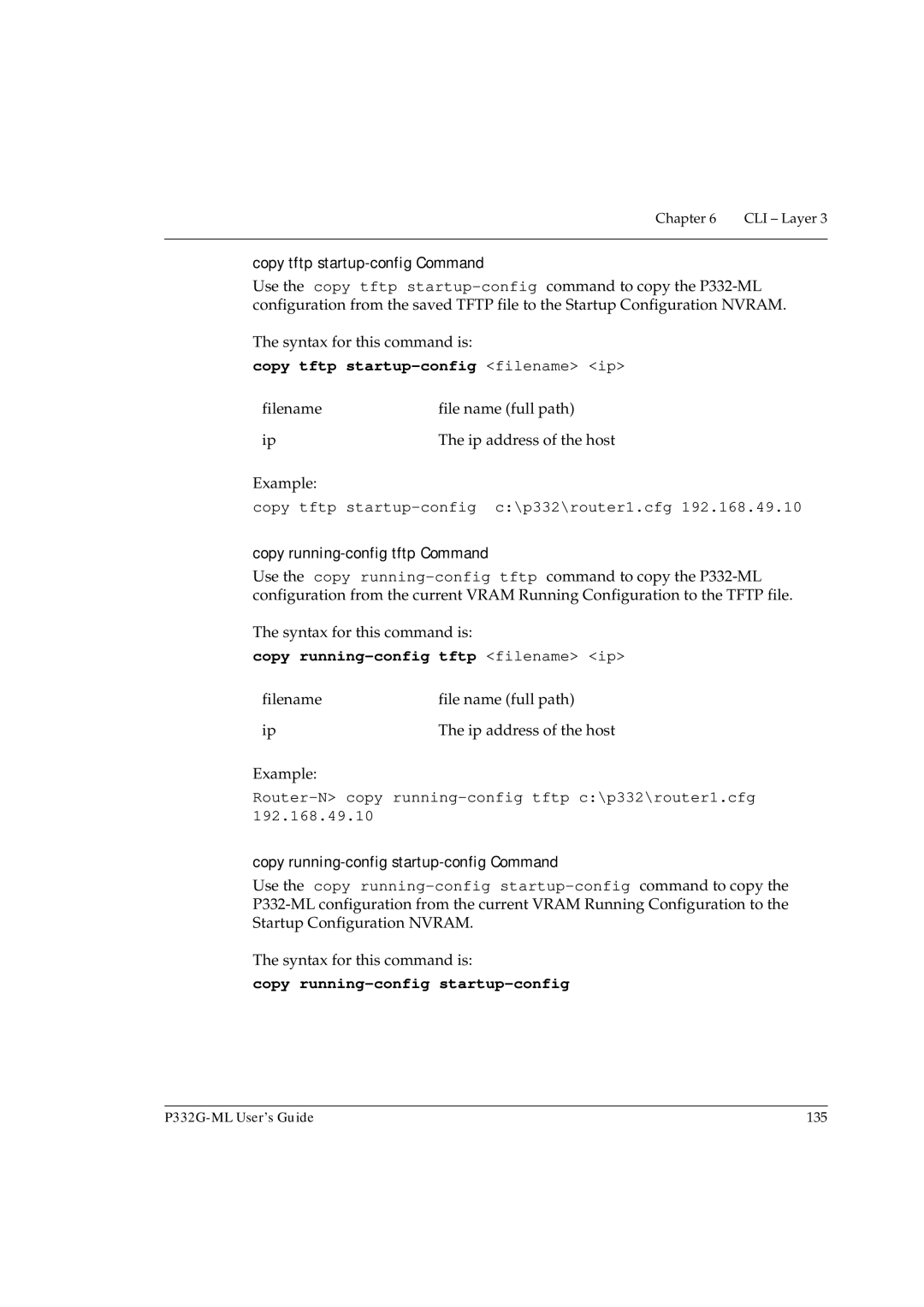 Avaya P332G-ML manual Copy tftp startup-config filename ip, Copy tftp startup-config c\p332\router1.cfg 