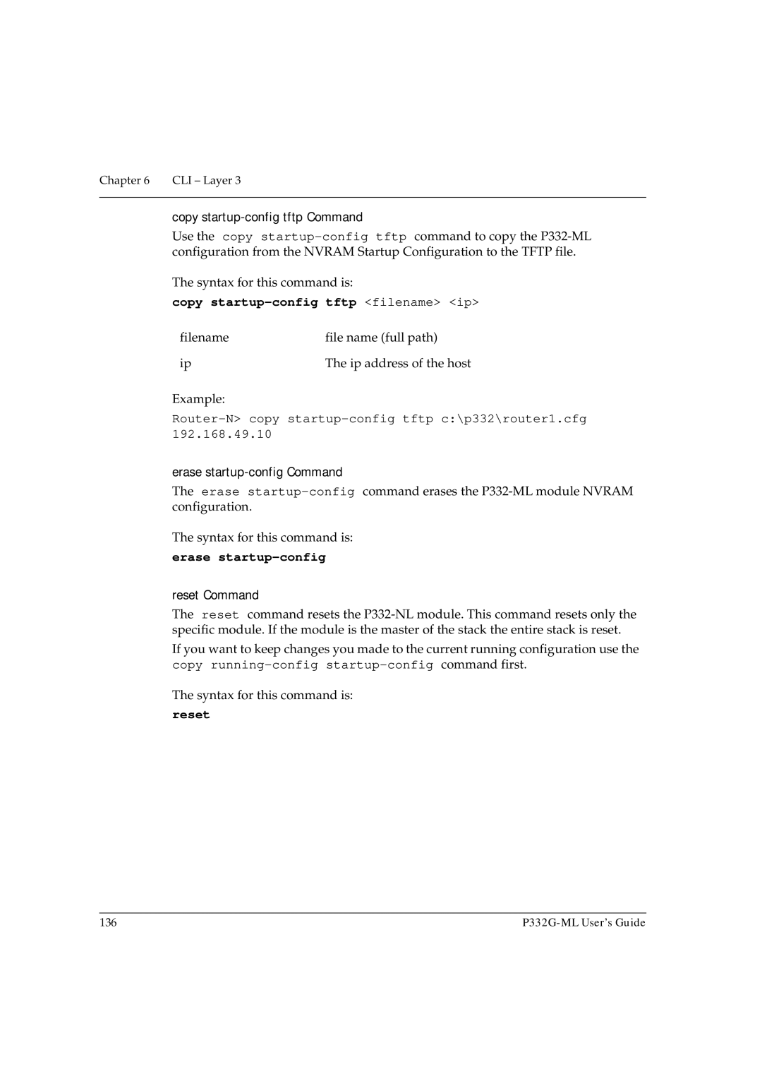 Avaya P332G-ML manual Copy startup-config tftp filename ip, Router-N copy startup-config tftp c\p332\router1.cfg, Reset 
