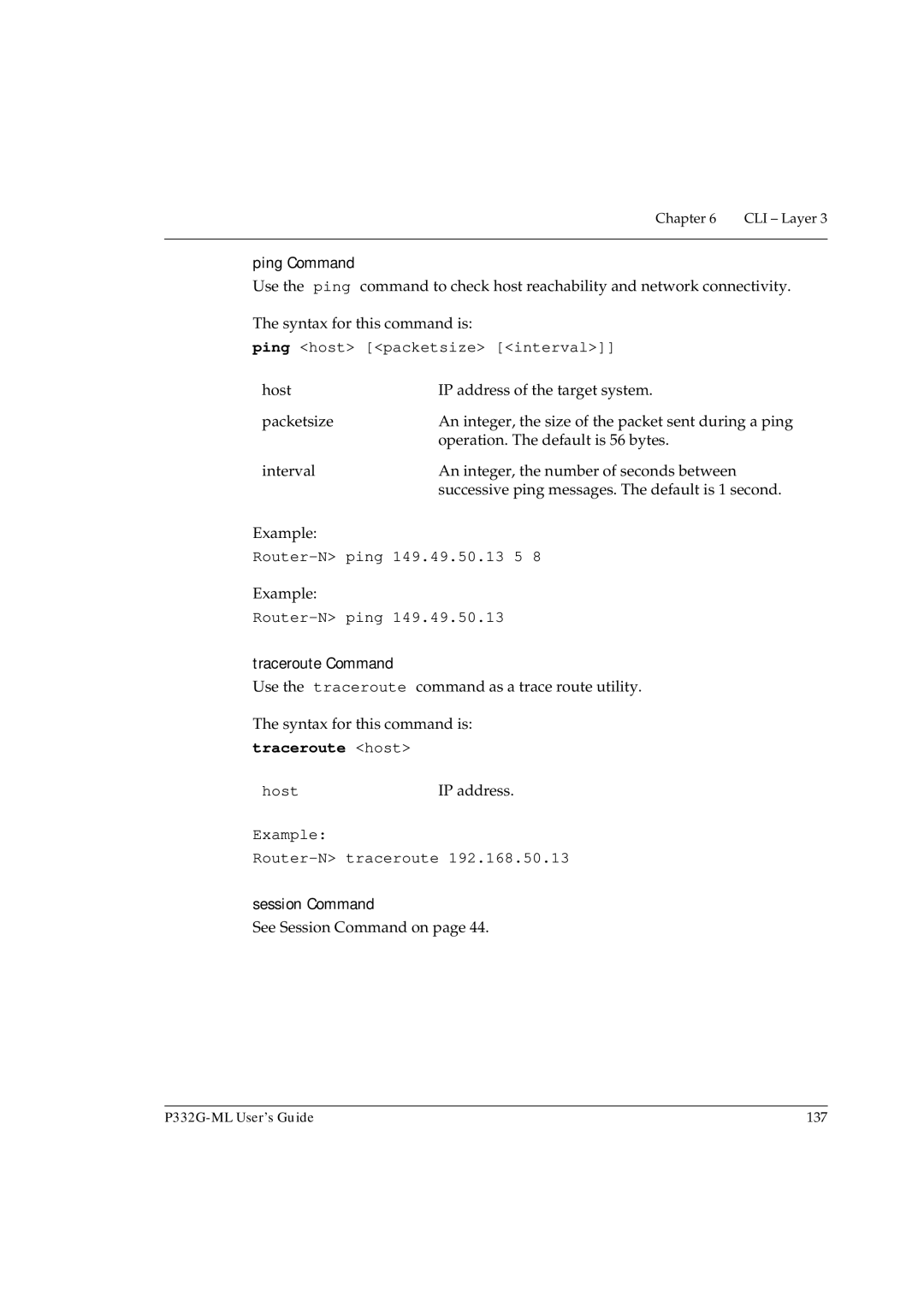 Avaya P332G-ML Ping host packetsize interval, Router-N ping 149.49.50.13 5, Traceroute host, Example Router-N traceroute 