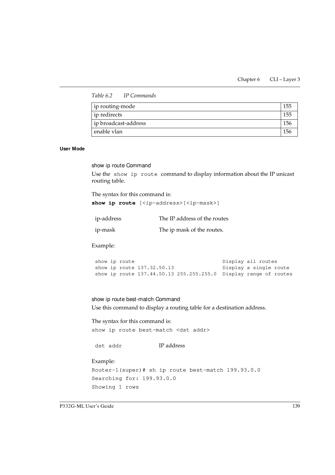 Avaya P332G-ML manual User Mode, Show ip route Command, Show ip route ip-addressip-mask, Show ip route best-match Command 