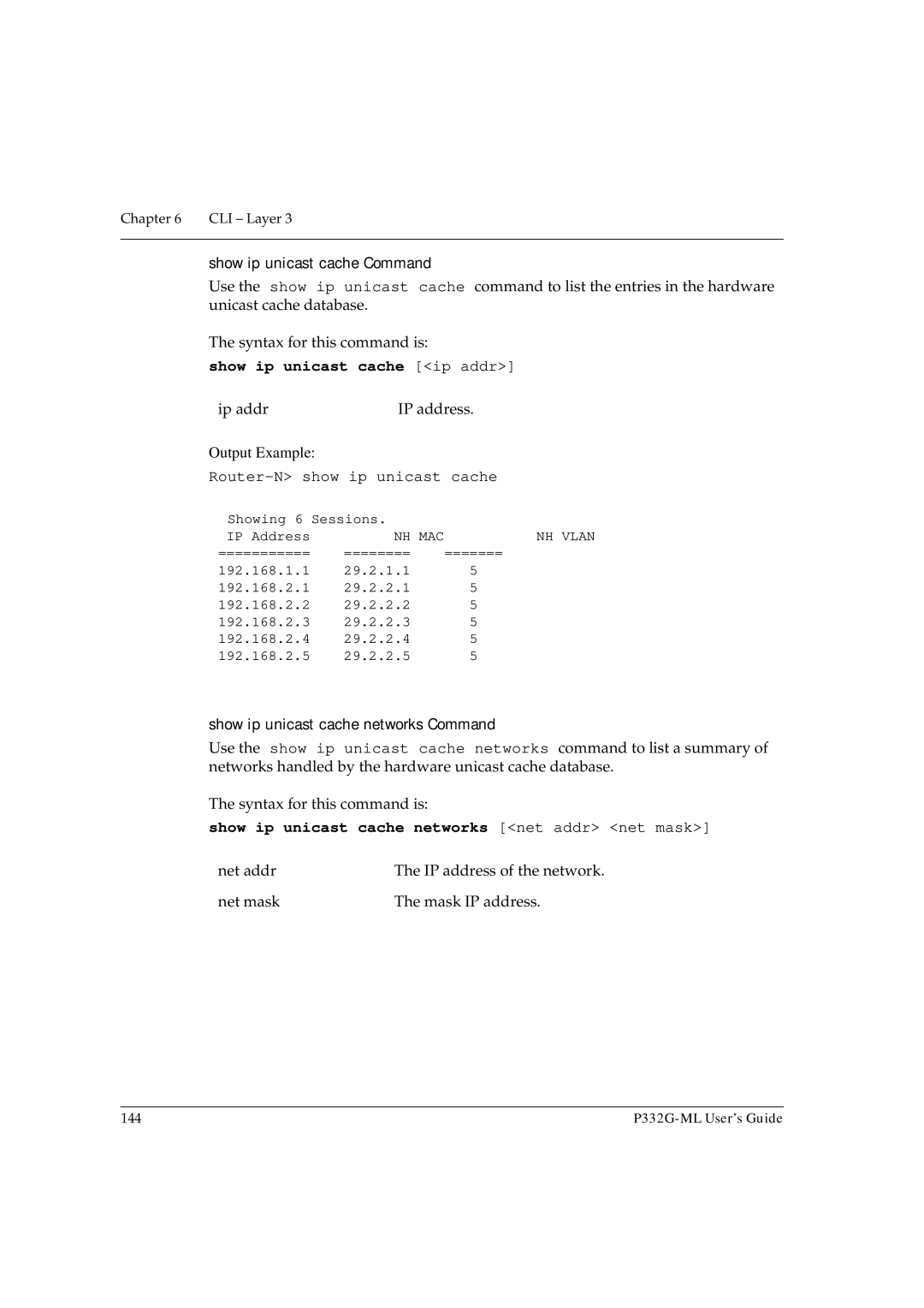 Avaya P332G-ML manual Show ip unicast cache Command, Show ip unicast cache ip addr, Router-N show ip unicast cache 