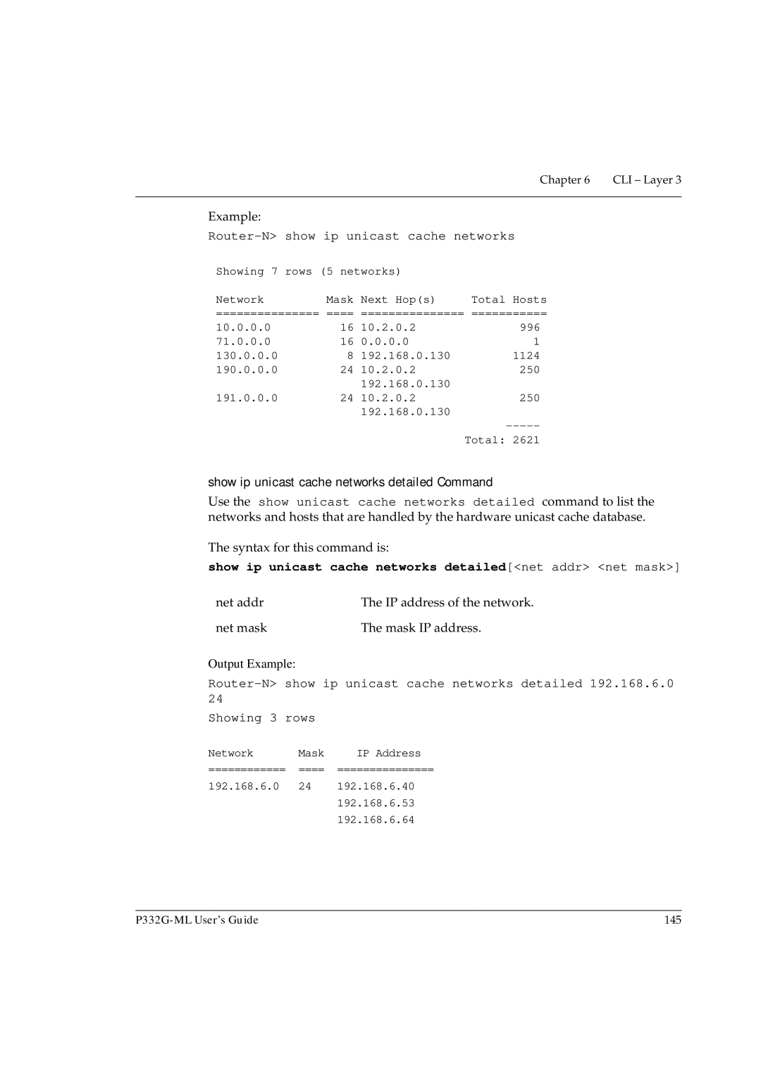 Avaya P332G-ML manual Router-N show ip unicast cache networks, Show ip unicast cache networks detailed Command 